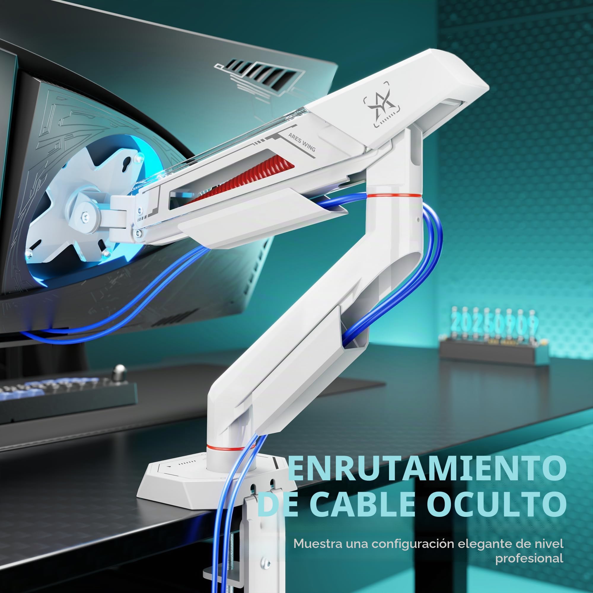 ARES WING Soporte Monitor 17-40 Pulgadas, máxima 12 kg, VESA 75/100 Blanco | Brazo monitor ergonómico, canalización cables, doble montaje C/ojal, compatible con monitores pantallas planas y curvas