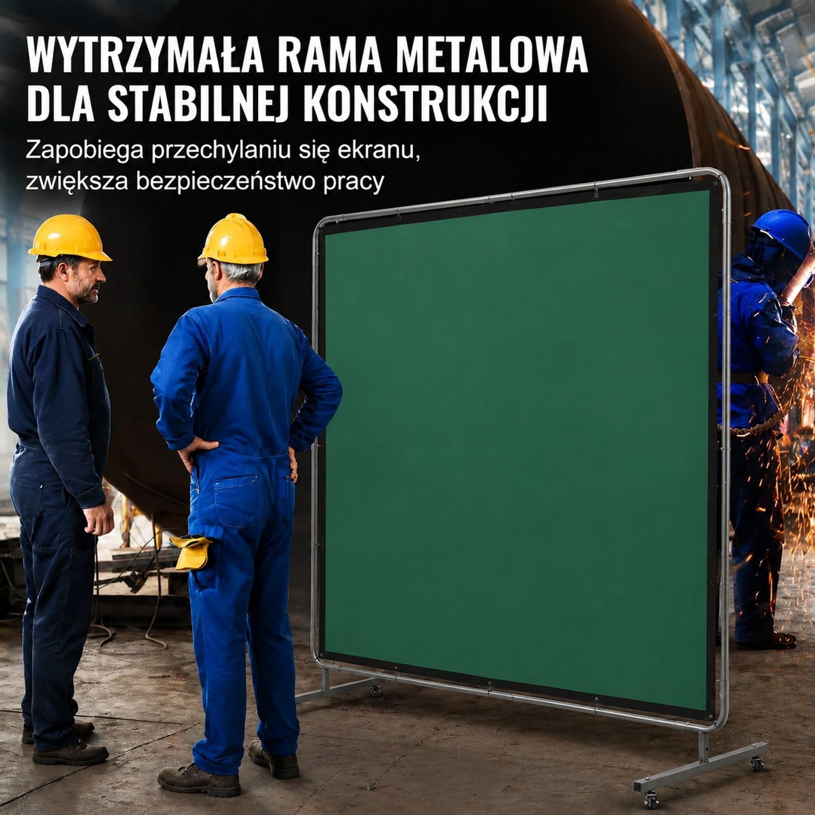 Kurtyna spawalnicza z winylu, zielona, z ramą i 4 obrotowymi kółkami do warsztatu