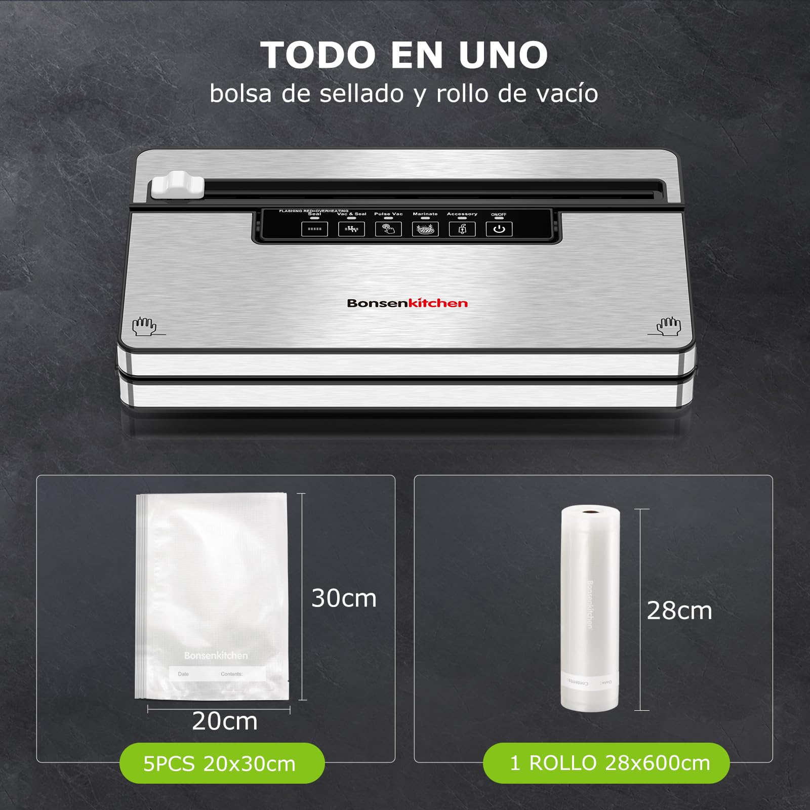 Bonsenkitchen Envasadora al Vacío, Maquina al Vacio con 5 modos, 8 L/min, Tecnología Globefish para Un Funcionamiento a Alta Velocidad, Vacío Rápido, Incluye 5 Bolsas de Vacío y 1 Bolsa de Rollo