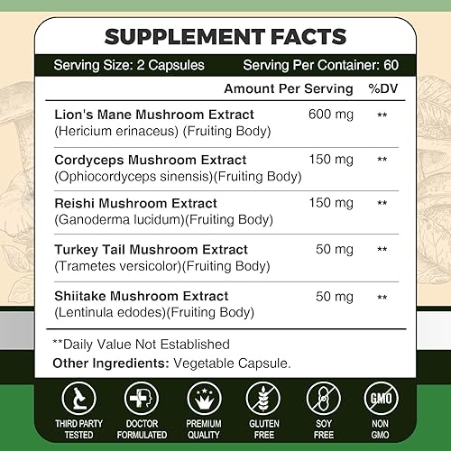 Miniatura 2 de ZEBORA Cápsulas de suplemento de melena de leones, suplemento de hongos con melena de león, cordyceps, reishi, cola de pavo, shiitake, hongo de