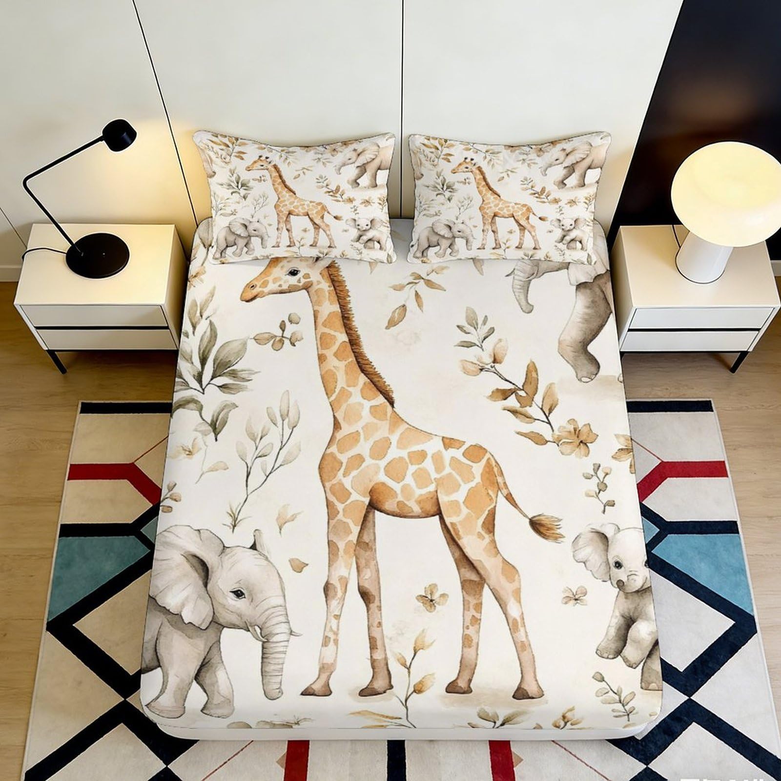 3D Printed Giraffe and Elephant Fitted Sheet Microfiber Soft Breathable Animal Pattern Bed Cover for Bedroom Dormitory Guest Room Mattress Protection 120x200x25cm