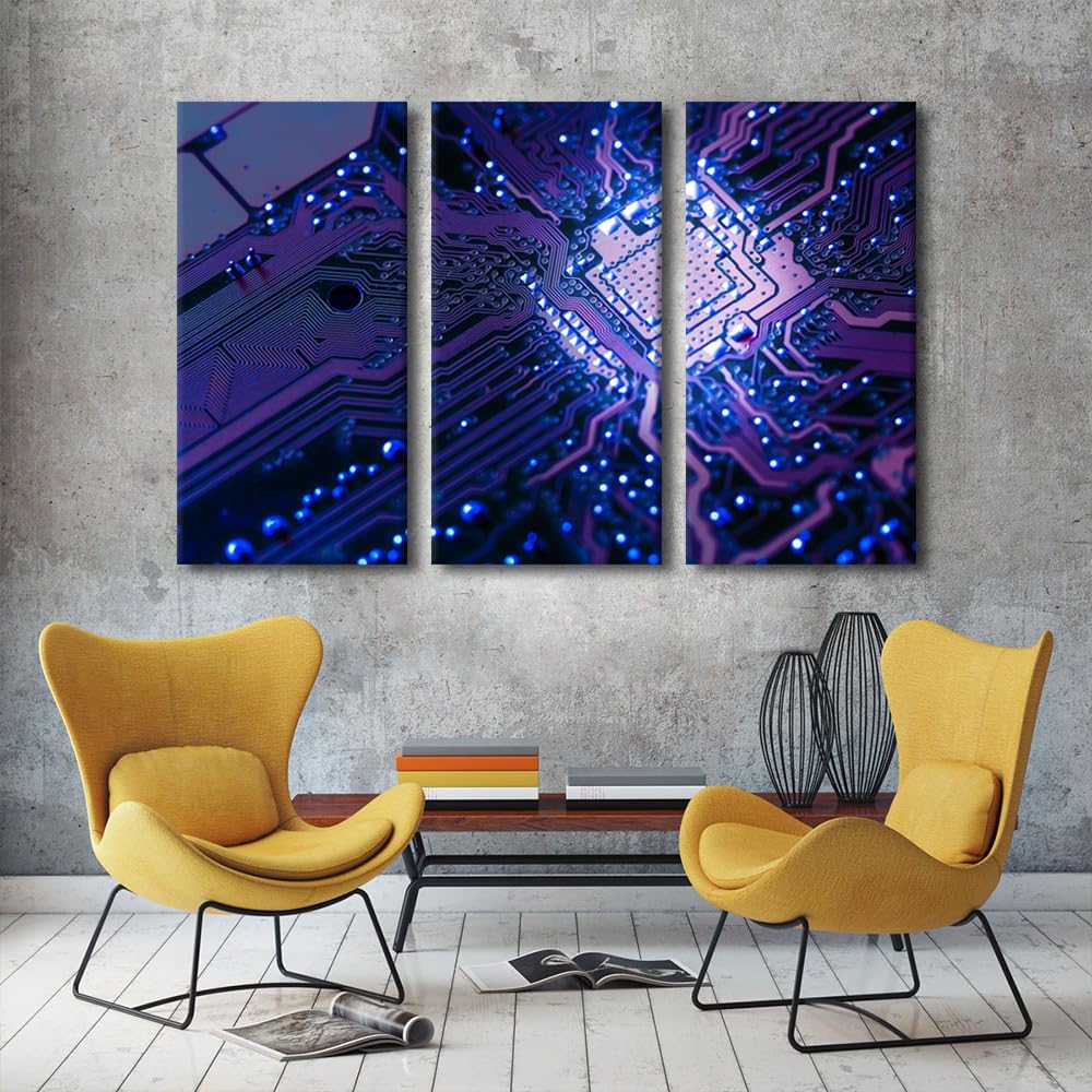 3 Pieces Canvas Wall Art Motherboard Digital Chip Computer Processors CPU Poster Wall Art Bathroom Artwork Decor Circuit Board Print on Canvas Stretched and Framed Ready to Hang (28" Wx42 H)