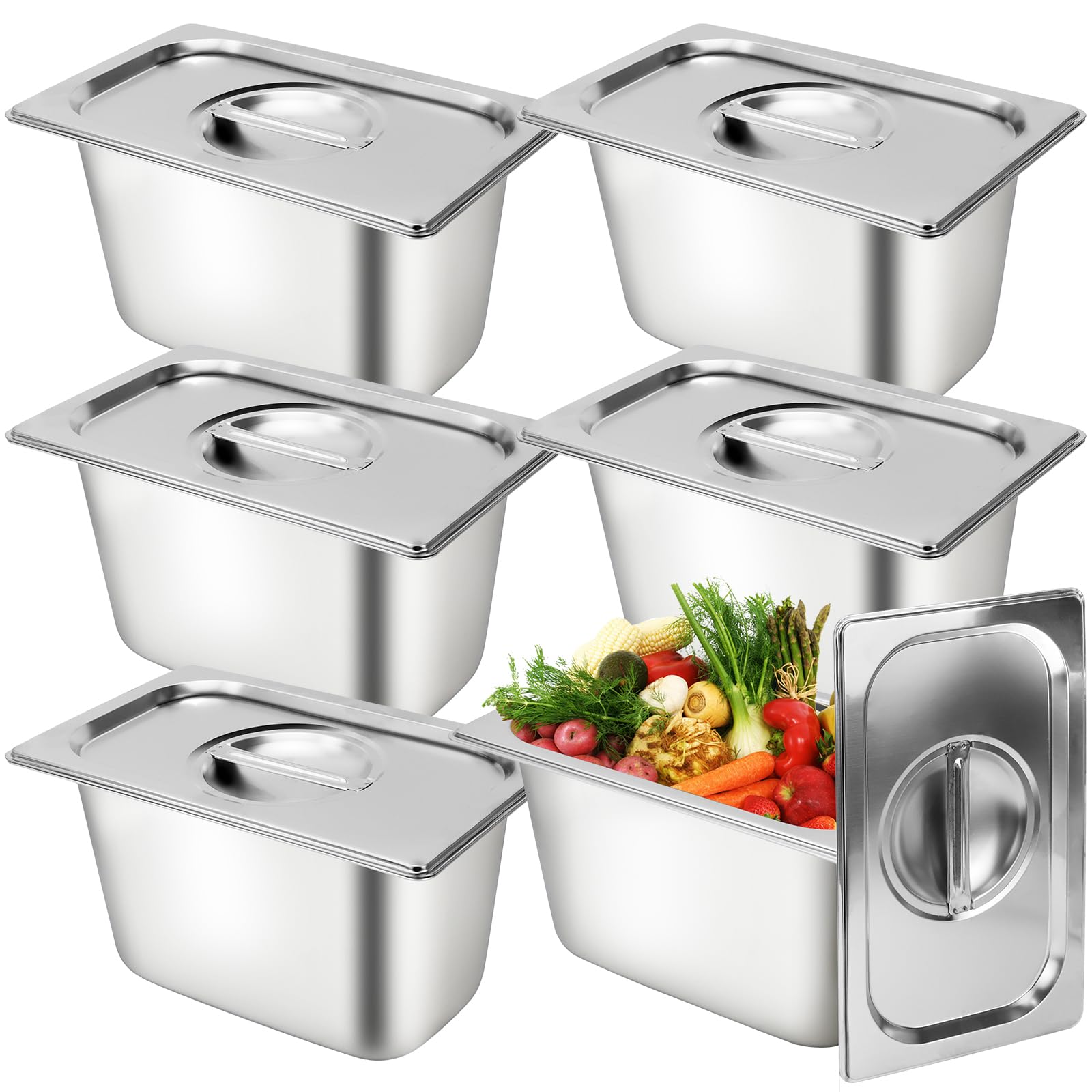 6 Stück GN 1/4 Behälter mit Deckel, Gastronormbehälter Edelstahl mit Deckel, 27 x 16 x 15cm, Stapelbare Hotelpfannen für Buffet, Zutatenstation, Panierstation Meal Prep Warmhaltebehälter