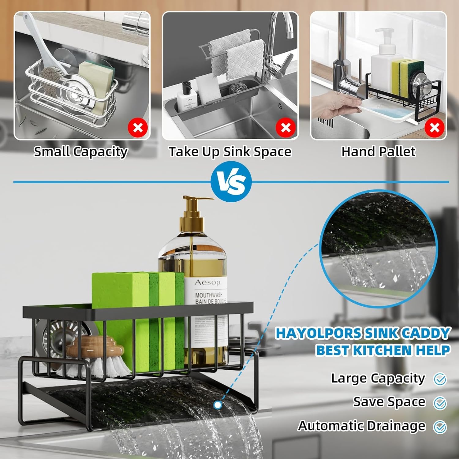 VILCEN Organizer Per Lavello Con Porta Asciugamano, Salvaspazio Con Vassoio Gocciolamento, Per Spazzole, Nero