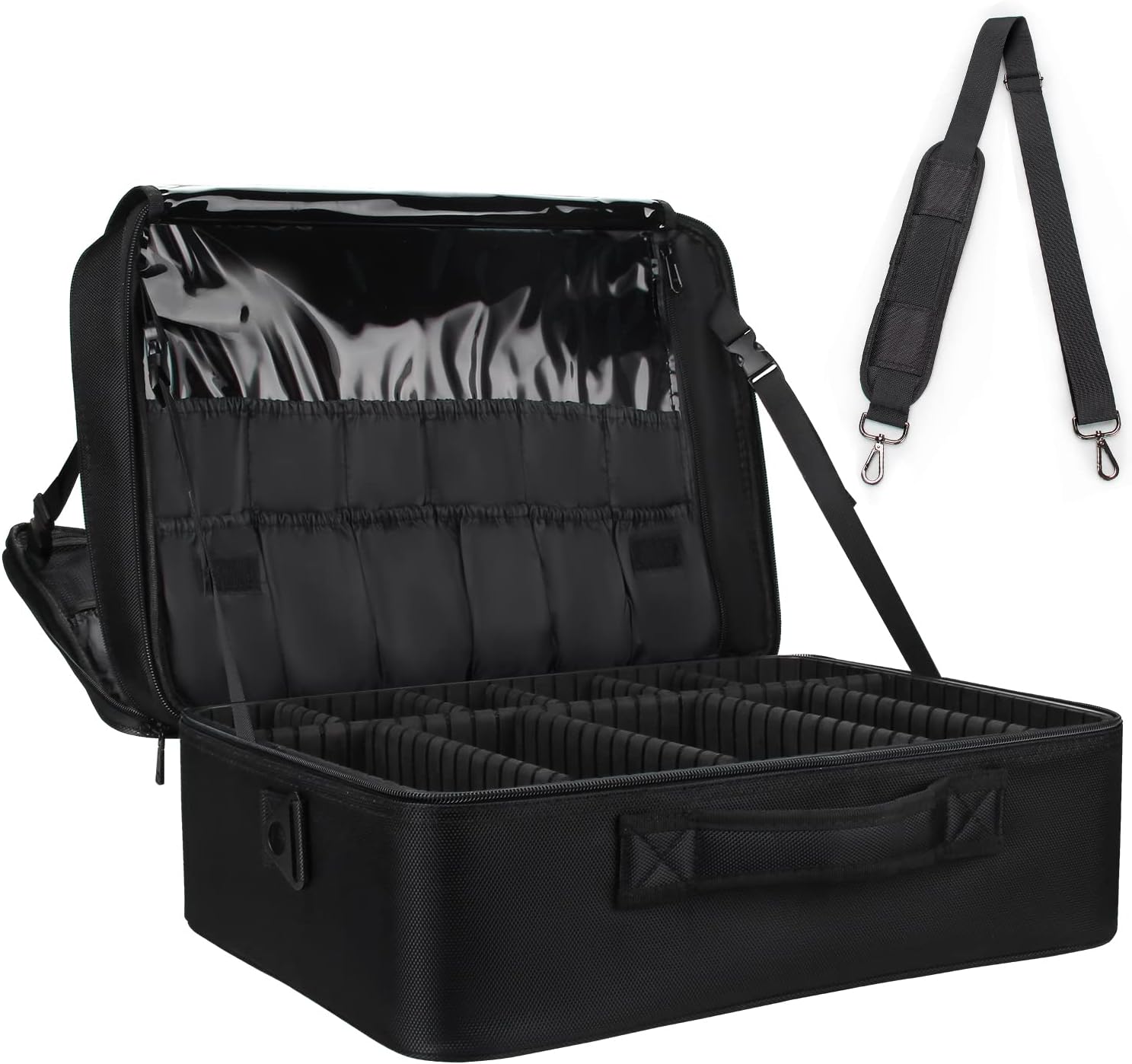 Relavel Extra Large Travel Makeup Train Case - Professional Artist Organizer Box With Adjustable Dividers - Portable Art Supply Bag With Trolley Attachment