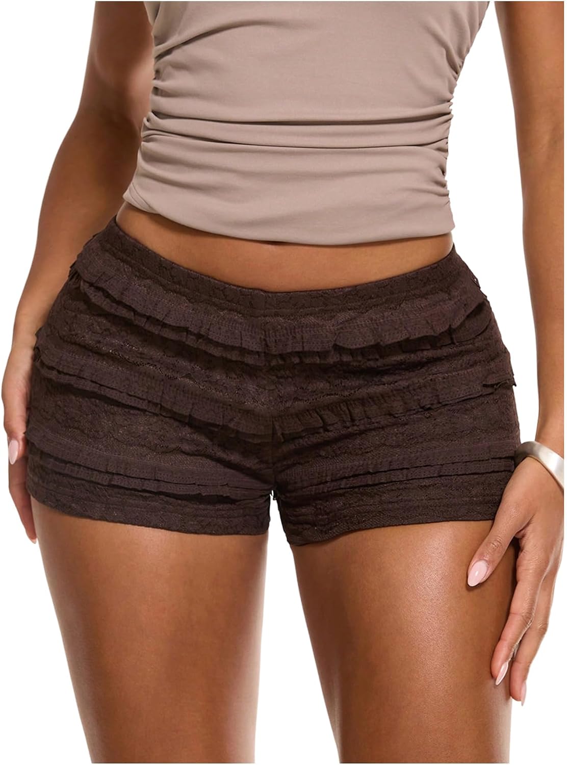 QJQ Women's Ruffle Shorts Y2k High Waist Crochet Layered Summer 2026 Micro Party Shorts