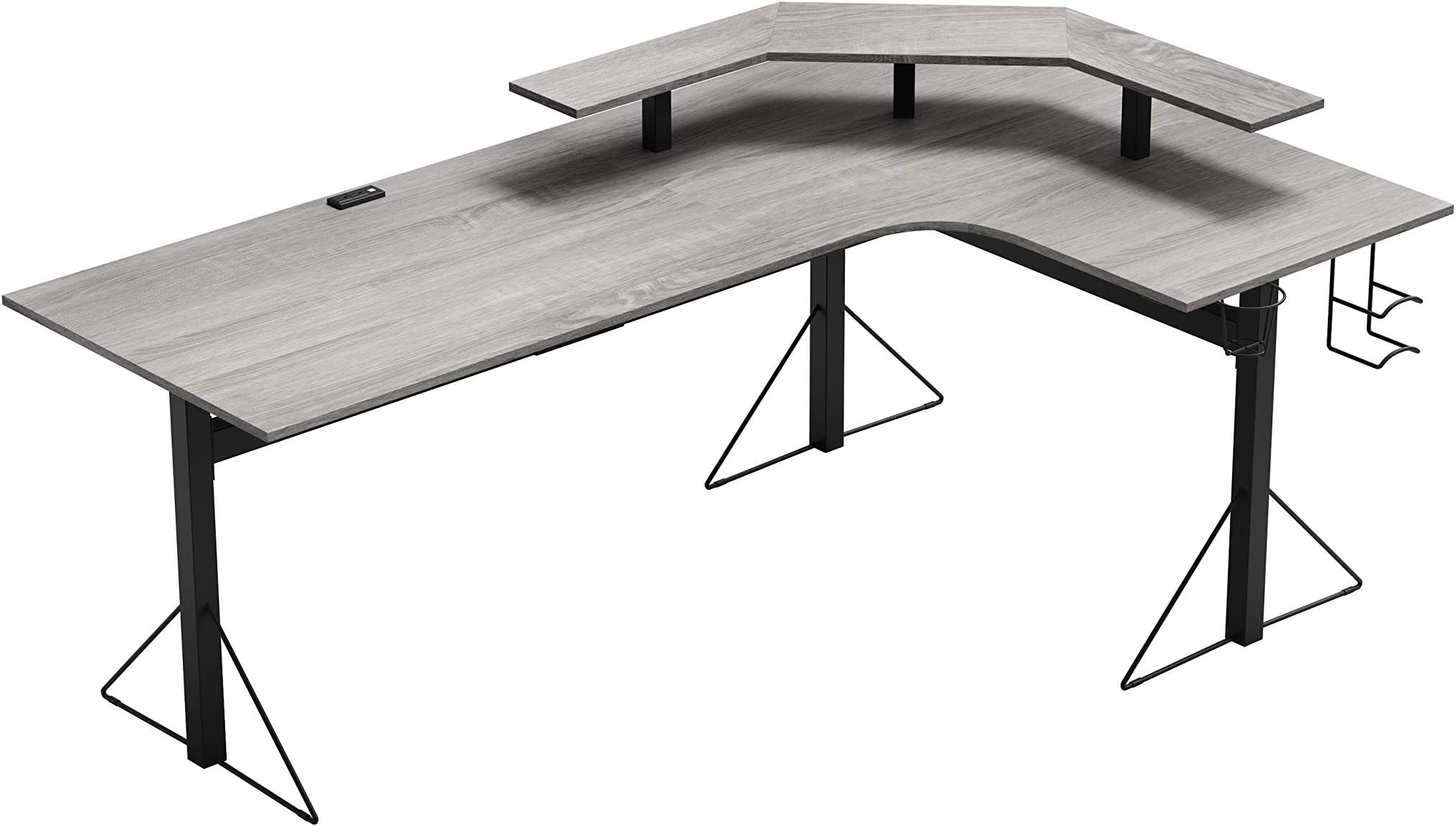 DarCORE Computer Gaming L-Desk with Power, Gray/Black