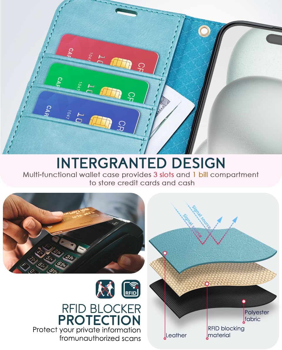 OCASE for iPhone 16 Pro Wallet Case, PU Leather Crossbody Phone Case with Removable Shoulder Strap, Kickstand, RFID Blocking Card Slots, Flip Folio Phone Cover 6.3 Inch 2024, Ice Blue
