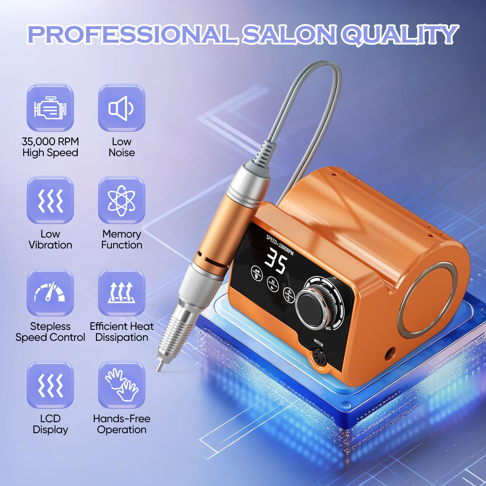 Professionelle Elektrische Nagelfräser, 35000 U/Min Maniküre Pediküre Set mit 6 Fräser, LED Display für Gelnägel und Acrylnägel, für den Heimgebrauch und Nagelstudios (Orange)