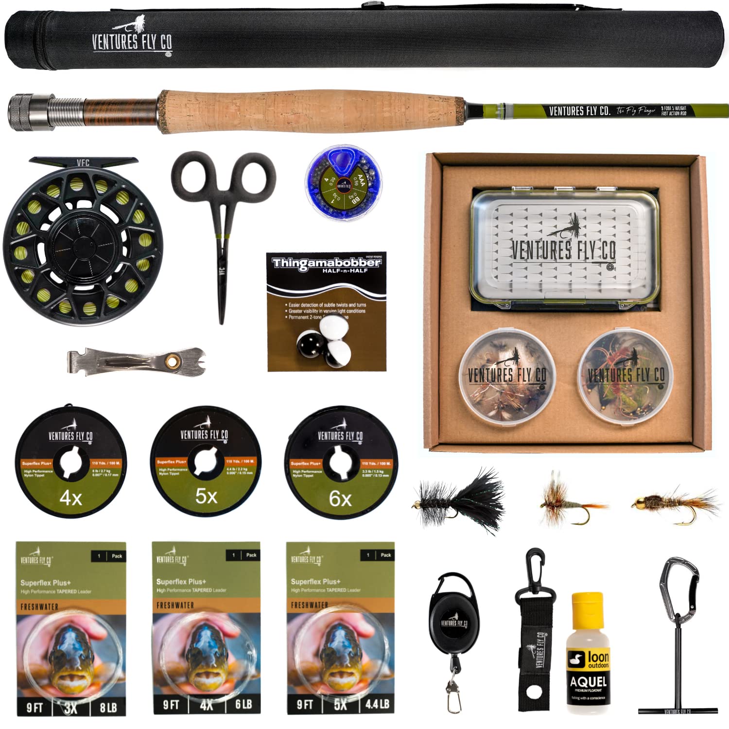 Ventures Fly Co. | Starter Packages | 23 Fly Fishing Accessories Complete Gear Combo | Perfect Beginner Kit | Includes Rod, Reel, Line, Flies, Leader, Tippet, Forceps, Nipper, Floatant & Net