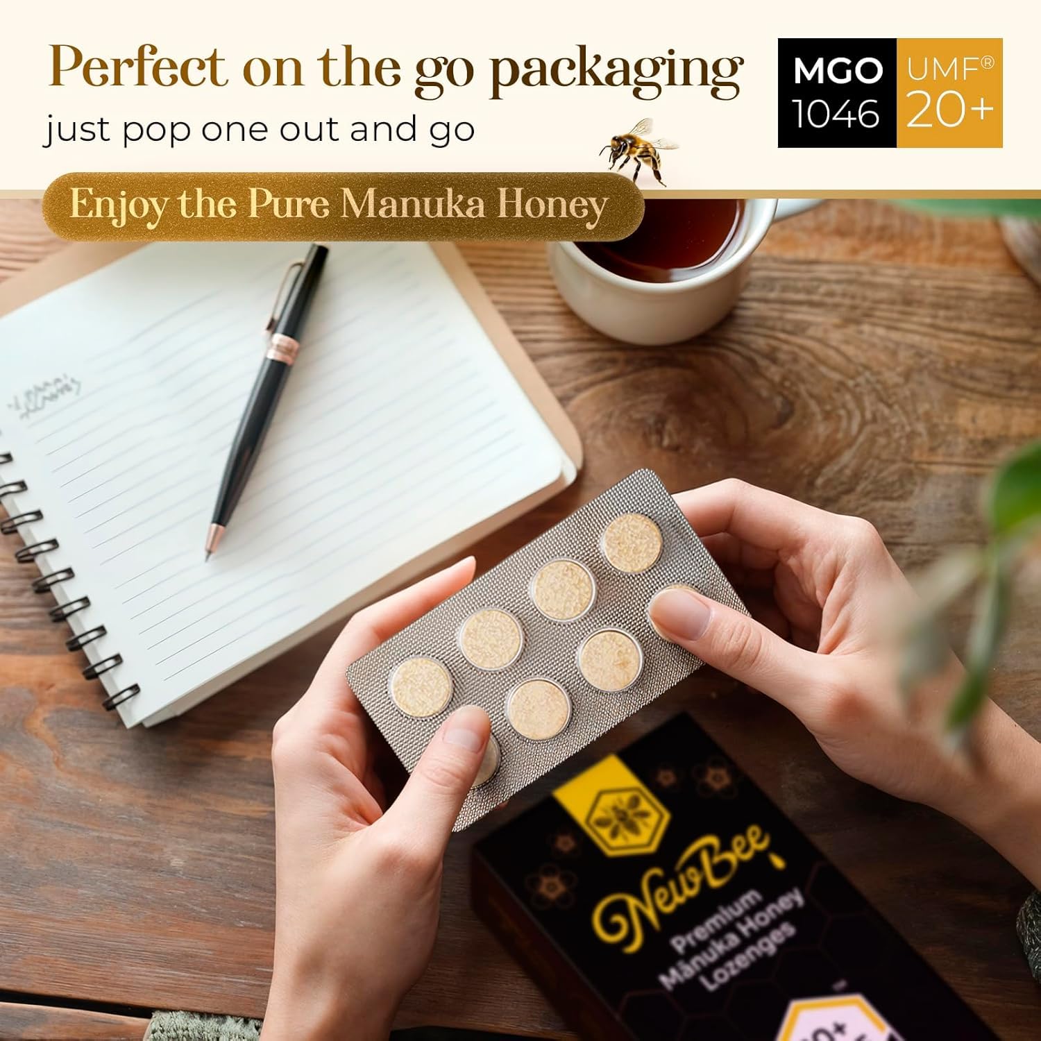 Manuka Honey Lozenges, 32 Count Made W/UMF 20+, MGO 1046 New Zealand Manuka Honey, UMF Certified, Monofloral, Traceable from Hive to Hand