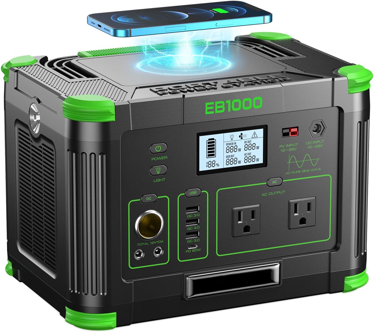 Portable Power Station 1000W, 999Wh Solar Powered Generator with 110V AC Outlet, PD 60W Fast Charging Backup Lithium Battery Pack Power Supply for Outdoor Home Camping Travel Emergency RV Van