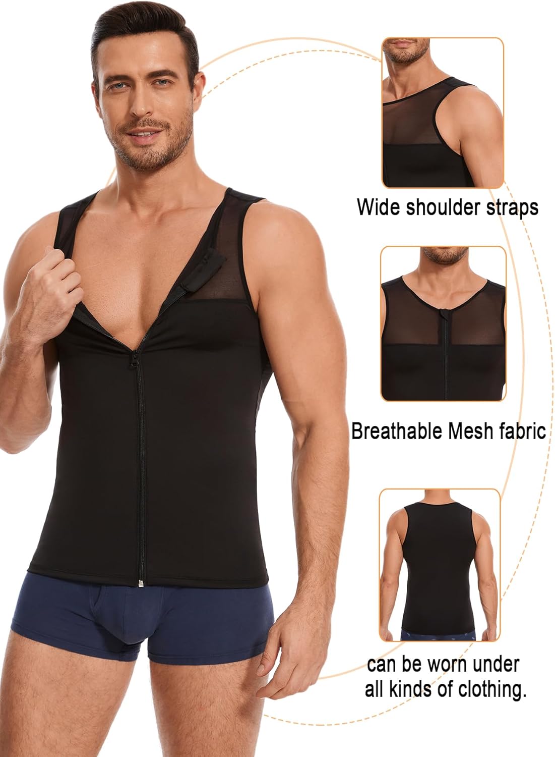 Mens Compression Shirt Gynecomastia Tummy Control Vest Shapewear with Zipper Slimming Tank Top for Gym - Image 6