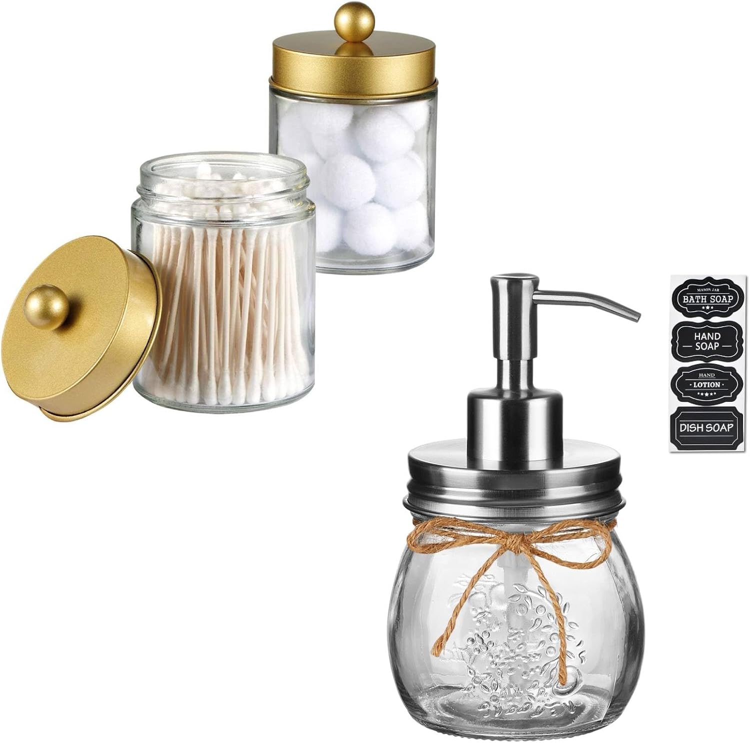 Amolliar 10 OZ Mason Jar Liquid Soap Dispenser, Stainless Steel Pump, Cute Farmhouse Decor, Refillable Hand Soap Dispenser, Silver 1 Pack With Apothecary Jars Bathroom Storage Organizer, 2-Pack(Gold)