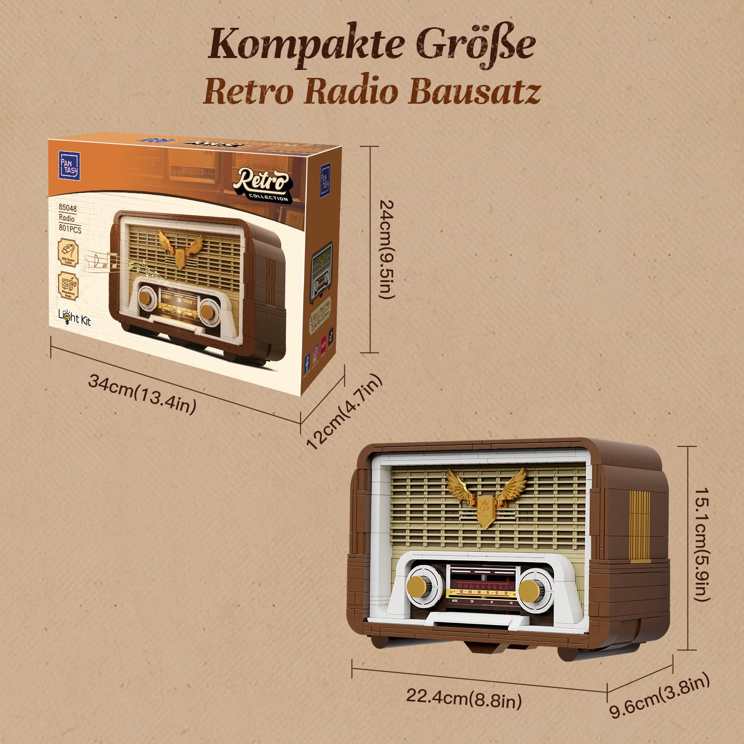 PANTASY Vintage Radio Klemmbaustein-Set für Erwachsene, Retro Radio Modell mit Lichtmodul und beweglichem Abstimmknopf, Handy-Lautsprecher Verstärker Elektronikstruktur, Deko Geschenk