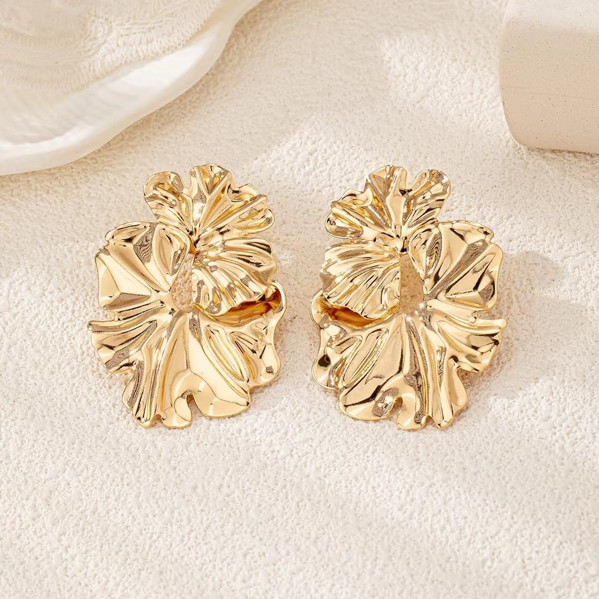 14K Gold Flower Earrings Double Flower Gold Statement Earrings for Women, Hypoallergenic Gold Floral Earrings Large Gold Earrings for Women Boho Jewelry Gift - Image 3