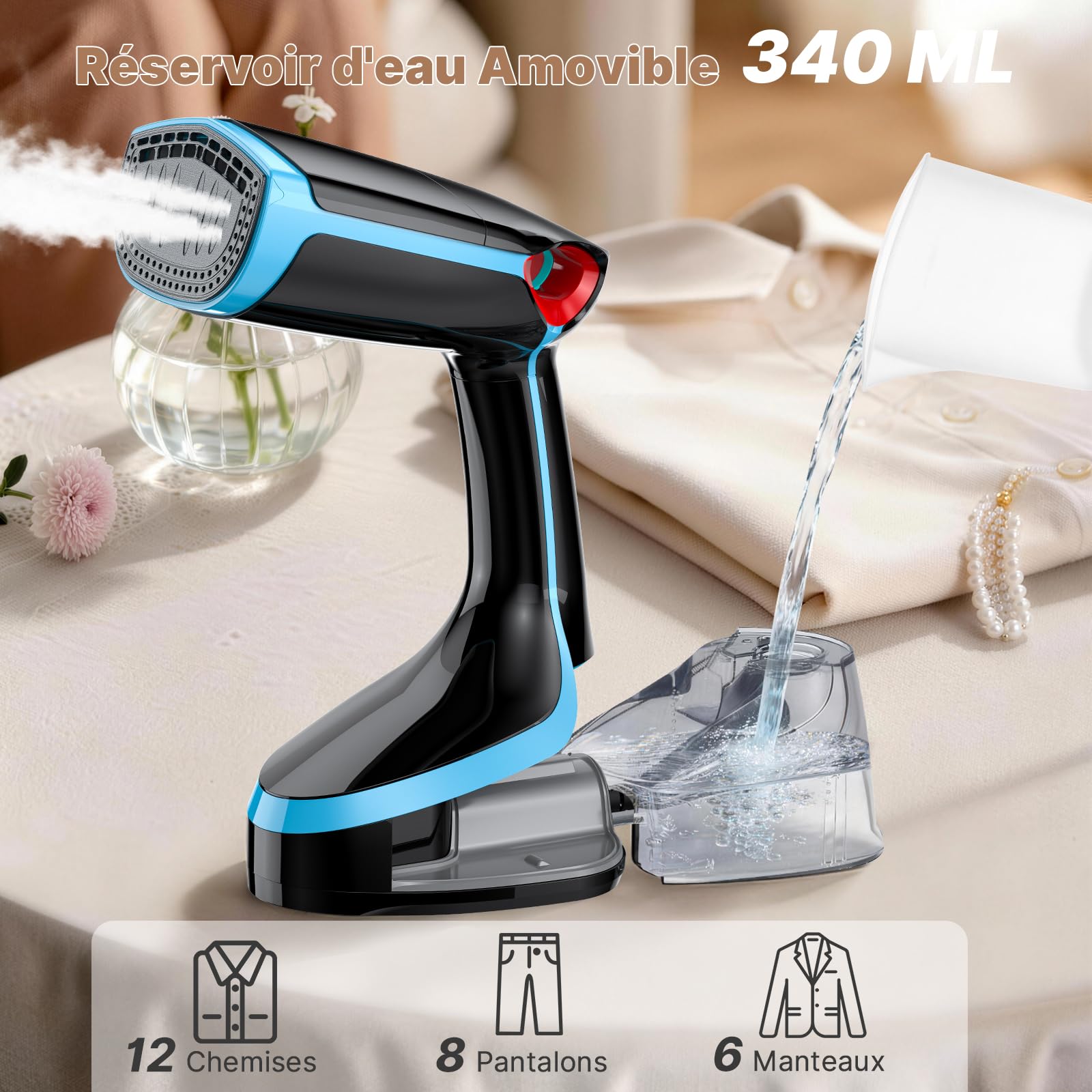 Défroisseur Vapeur 4 en 1, Défroisseur à Main avec Fonction d'aspiration, Réservoir d'eau Amovible de 340 ML, 1300W, préchauffage en 30S pour tous les tissus, Défroissage Rapide et Sans Plis - 5