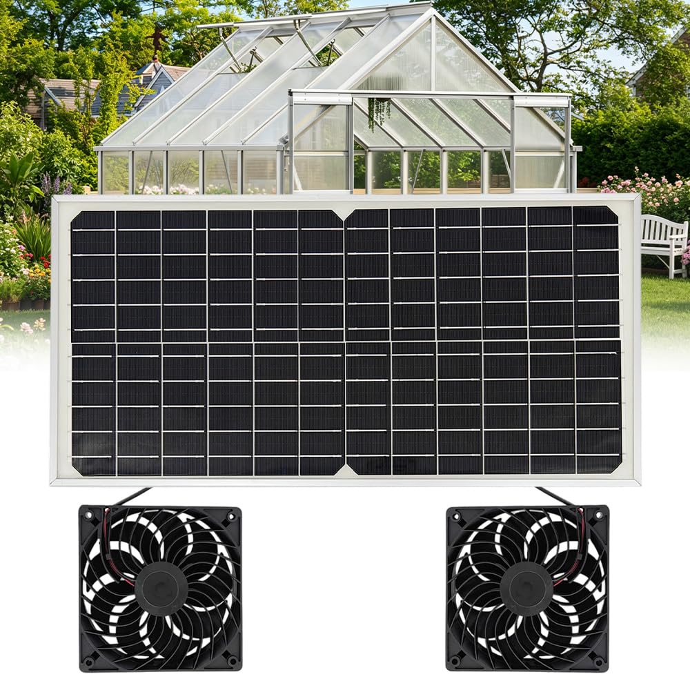 Foreverup Solar Ventilator, 16W Solar Lüfter, Solarpanel Ventilator, Solarmodul Lüfter Kit mit DC Doppelventilator für Gewächshaus, Hühnerstall, Schuppen, Haustierhaus