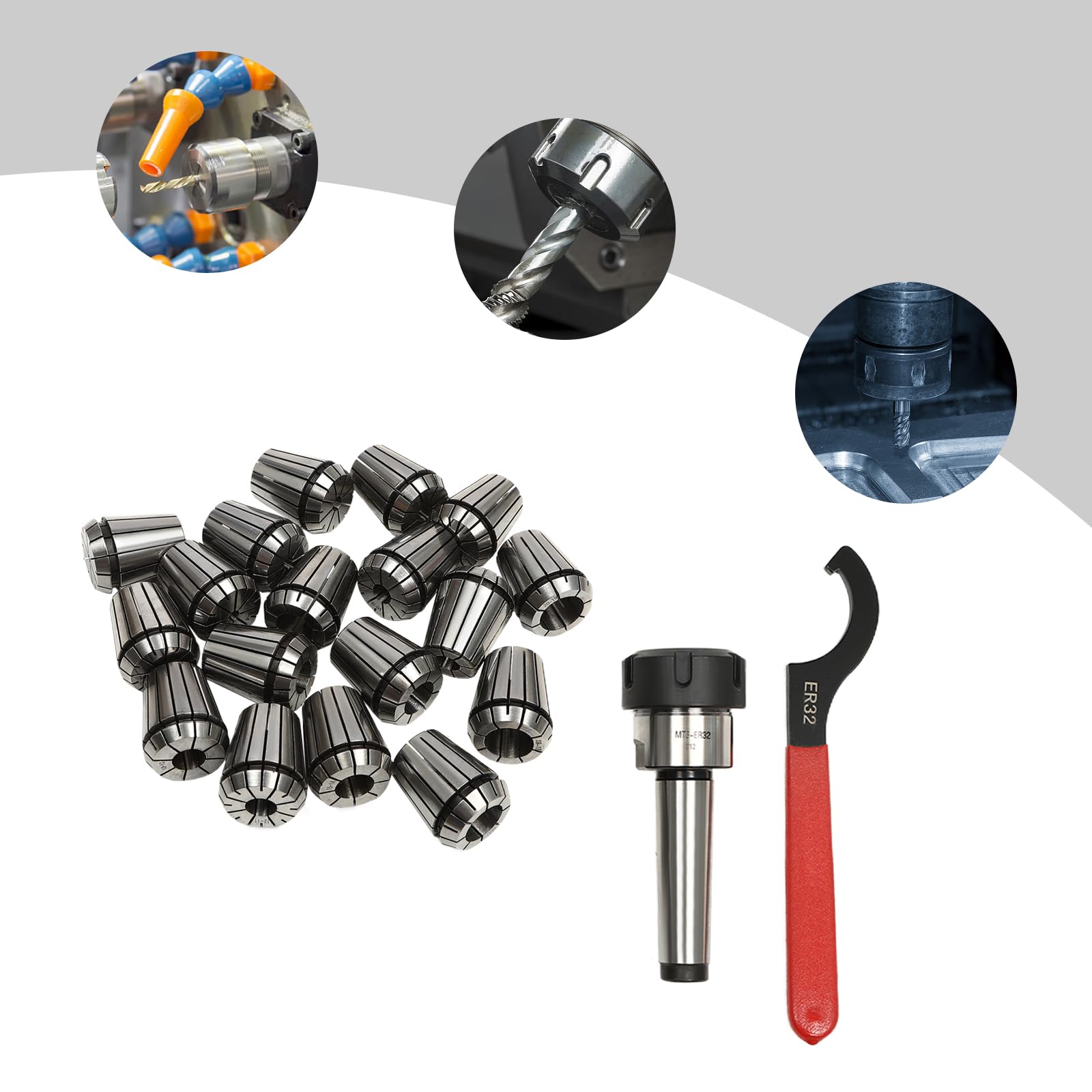 Juego de 18 alicates de precisión ER32 de acero y aleación de aluminio, juego de alicates tensores de resorte con llave inglesa y portabrocas para herramienta de torneado CNC