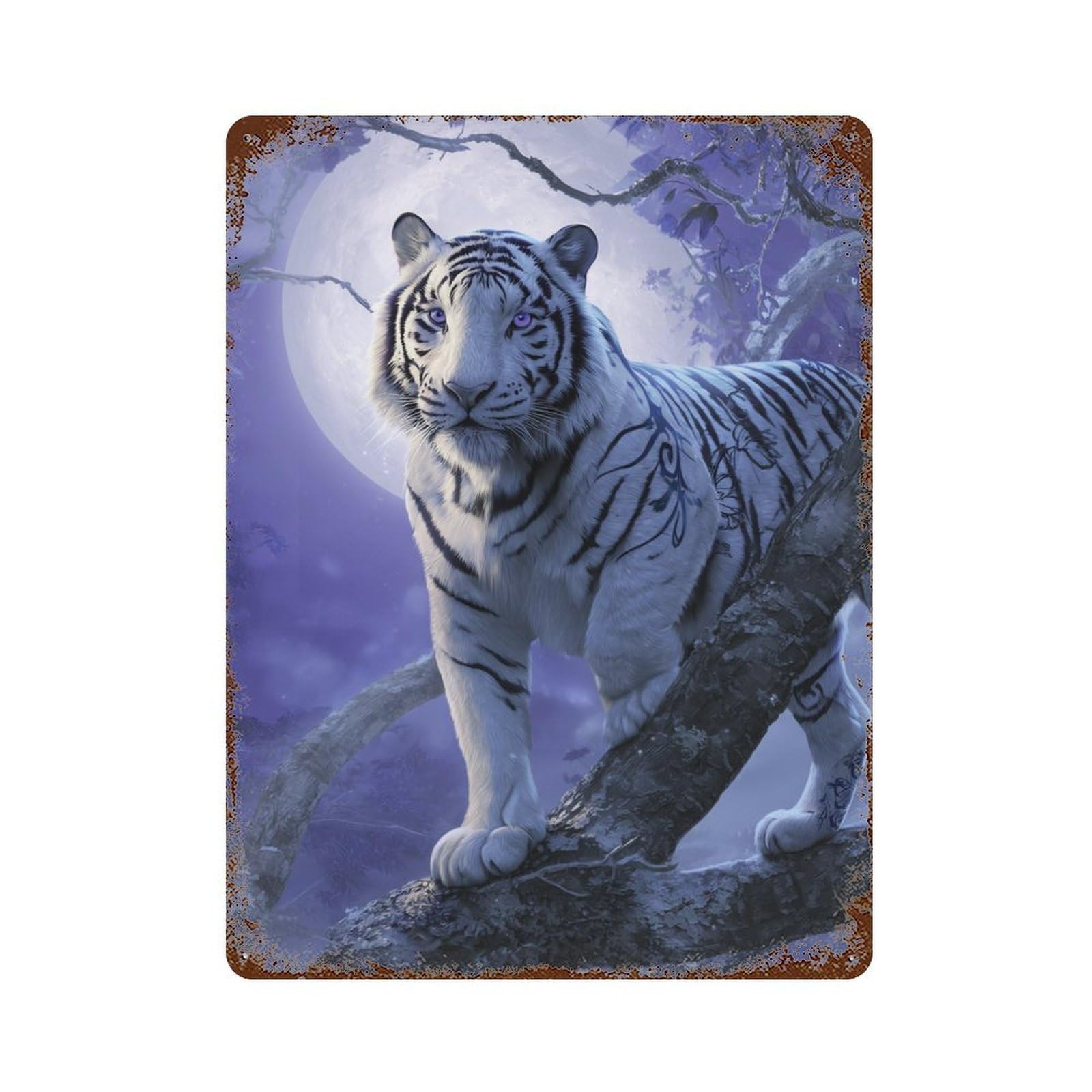 White Tiger Moonlit Forest -5 Rust Effect Tin Sign 15.7"x11.8", Vintage Wall Decor for Bistro, Counter And Cafe Decor