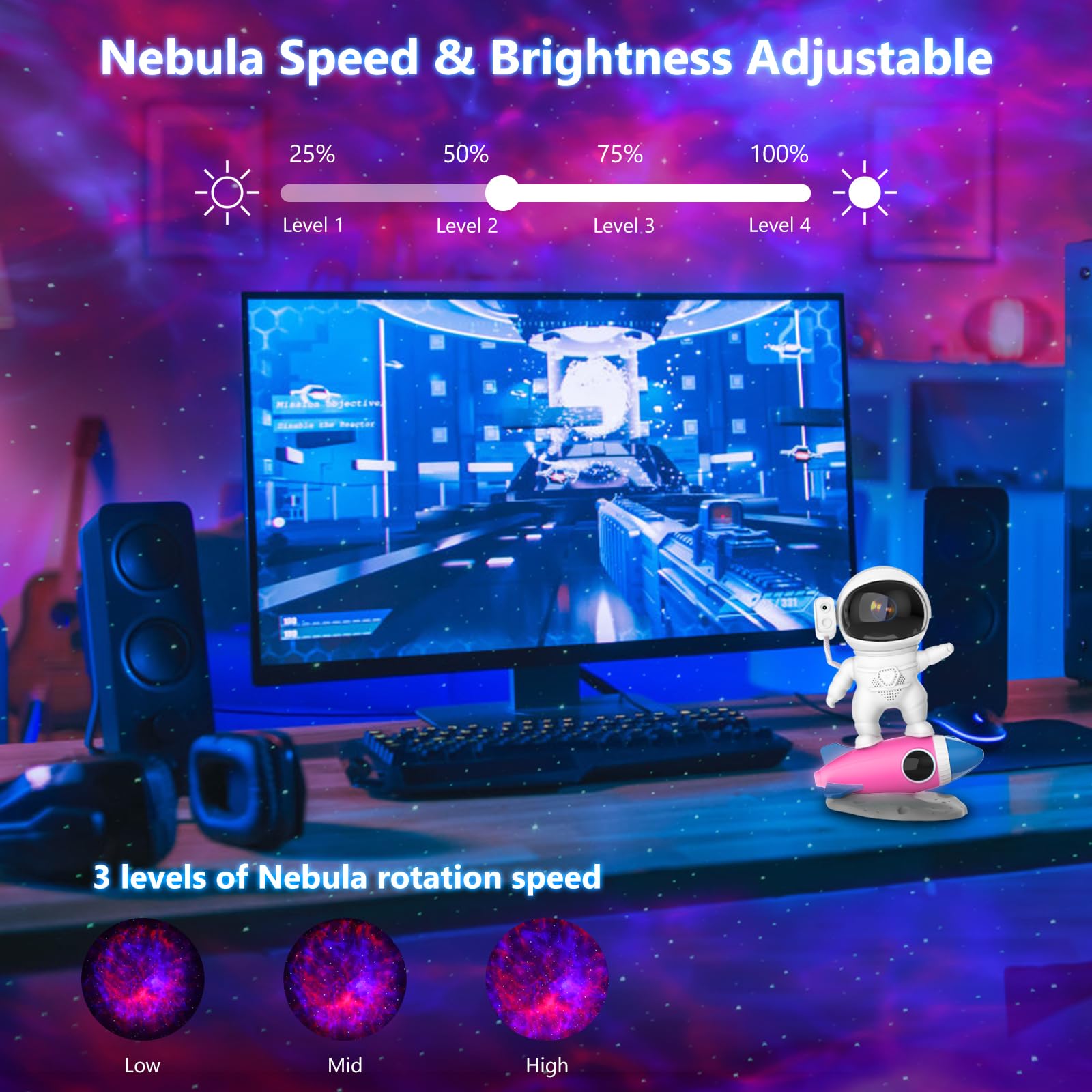 Astronaut Sternenhimmel Projektor, LED Sternenprojektor Nebula Explorer, Sternenhimmel Projektor Kinder mit Bluetooth Lautsprecher,Einstellbare Helligkeit und Geschwindigkeit 360° Rotation