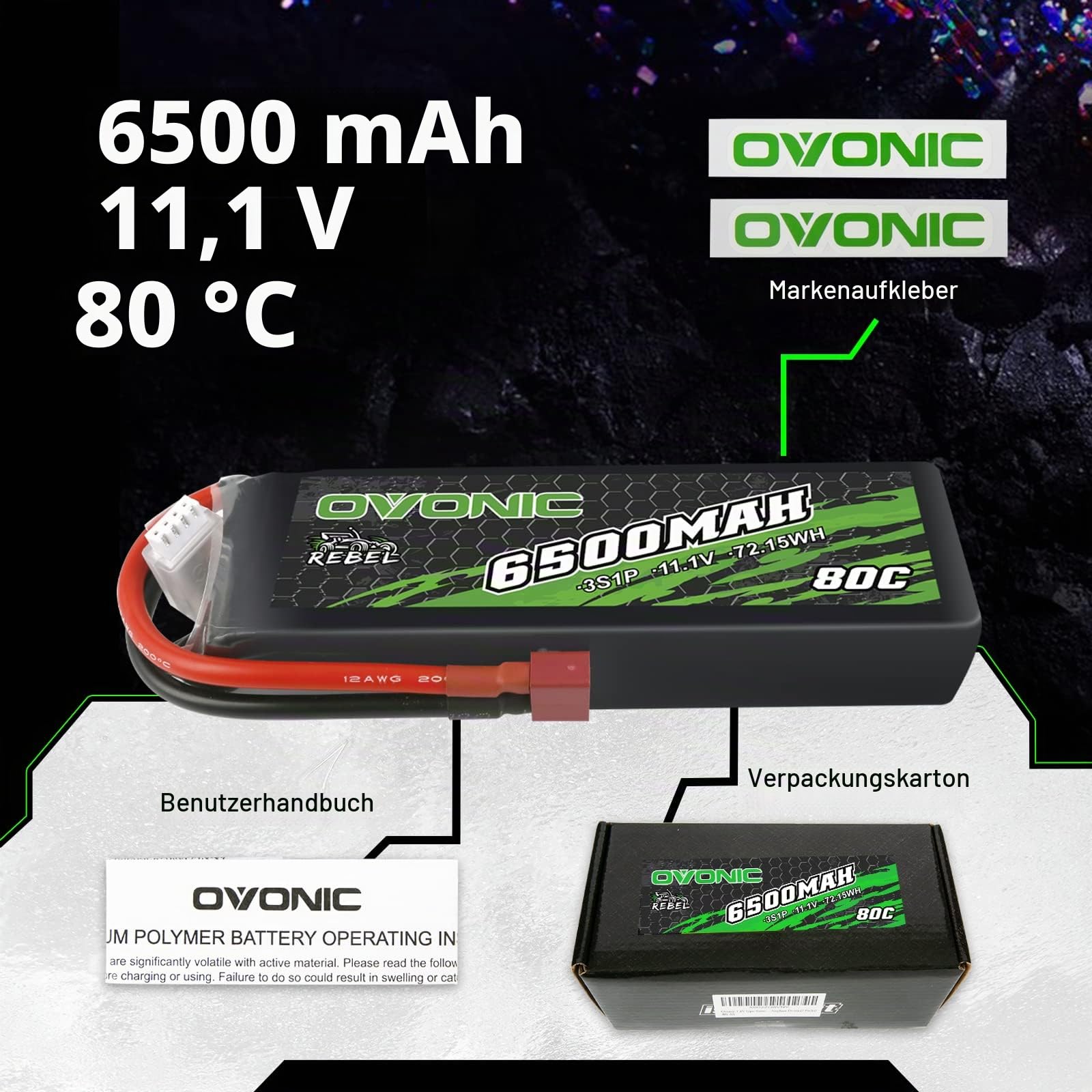 OVONIC RC Lipo Akku 3S 11.1V 6500mAh 80C Deans T Stecker Hardcase LiPo Batterie Zellen für FPV RC Flugzeug Auto Evader BX Quadcopter Hubschrauber LKW Boot (1 Stück)