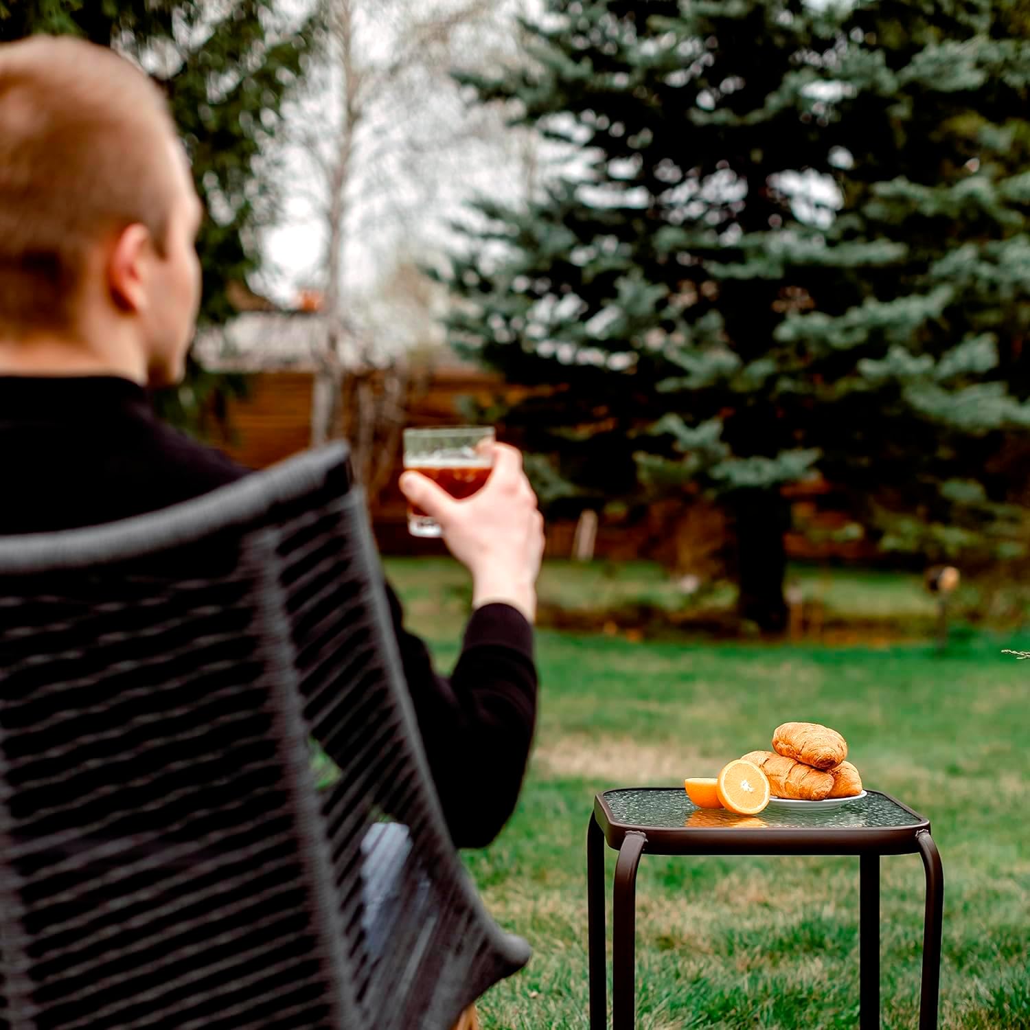 Bronze Metal Outdoor Side Table with Tempered Glass Top Set of 2 – Elegant Small 16" Square Patio Table – Durable Weather-Resistant Coffee Bistro Accent End Table for Outside and Garden
