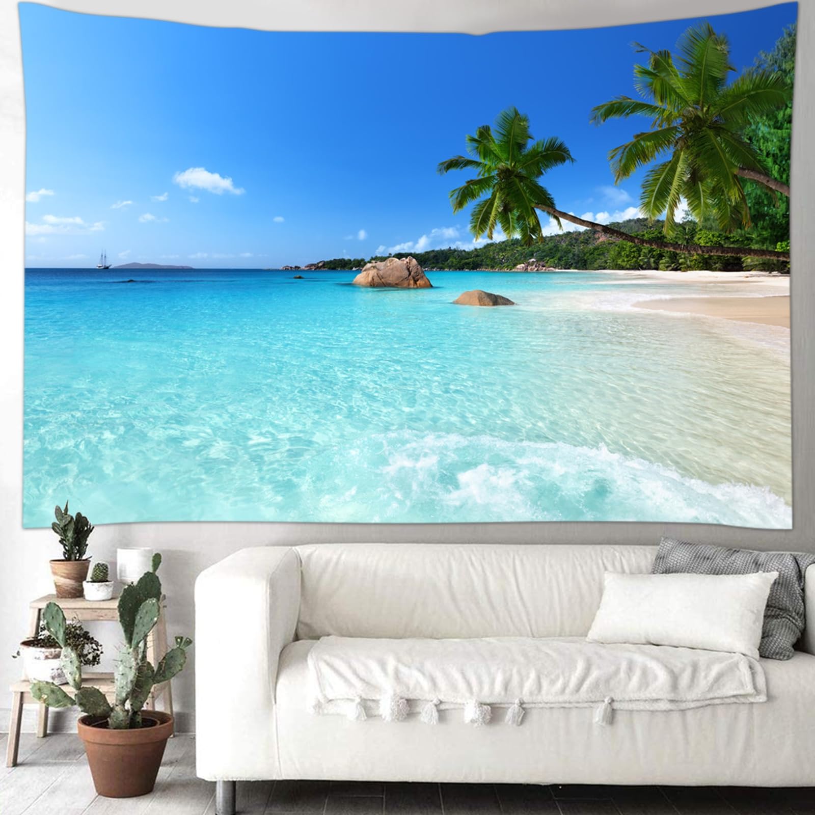 skcess Arazzo da parete 260 x 240 cm, oceano spiaggia, in poliestere, tappezzeria blu cielo naturale, per soggiorno, dormitorio, decorazione per la casa