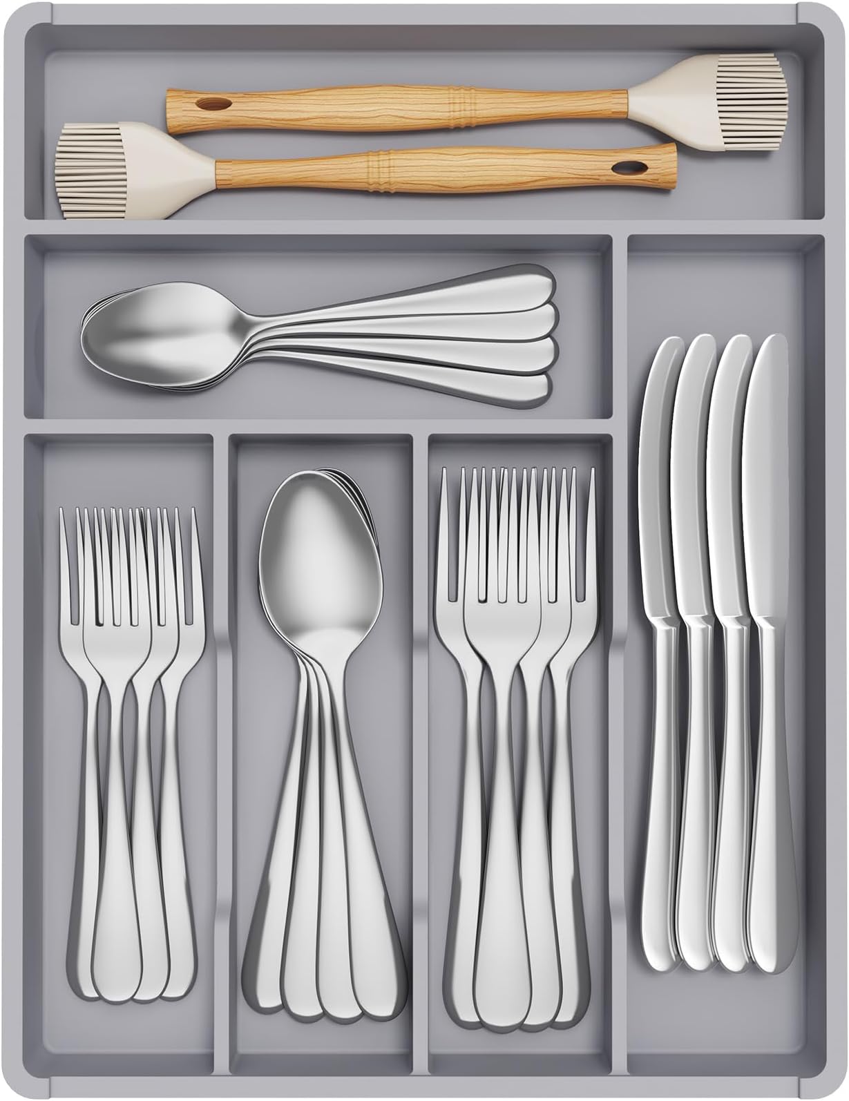 Lifewit Cutlery Drawer Organiser,Plastic Cutlery Tray for Kitchen, Small Flatware Silverware Knife & Fork Organiser for Deeper Drawer, Kitchen Countertops Tableware Holder,6 Compartment, GreyRecycled Claim Standard 100
