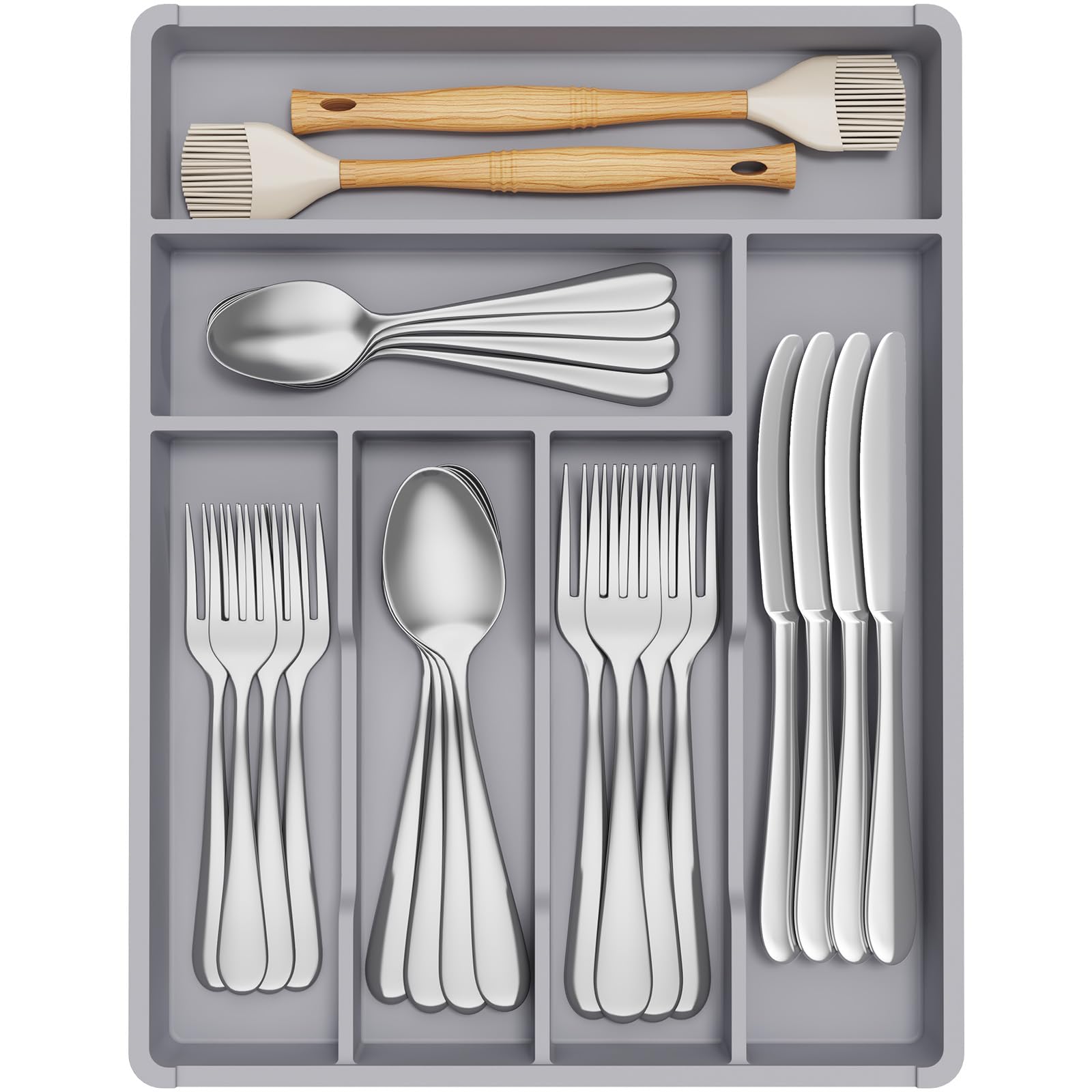 Lifewit Cutlery Drawer Organiser,Plastic Cutlery Tray for Kitchen, Small Flatware Silverware Knife & Fork Organiser for Deeper Drawer, Kitchen Countertops Tableware Holder,6 Compartment, GreyRecycled Claim Standard 100