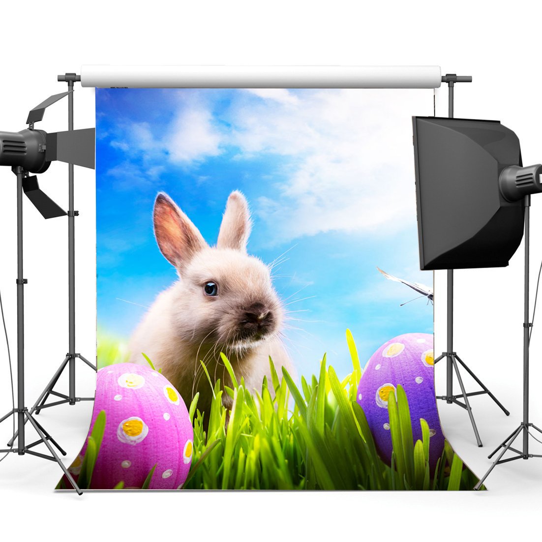 HasdropHappy Easter Backdrop 3X5FT Vinyl Frohe Ostern Backdrops Bunny Eggs Hunt Green Grass Meadow Fresh Floral Butterfly Spring Jesus Christ Photography Background for Kids Photo Studio Props HMM35