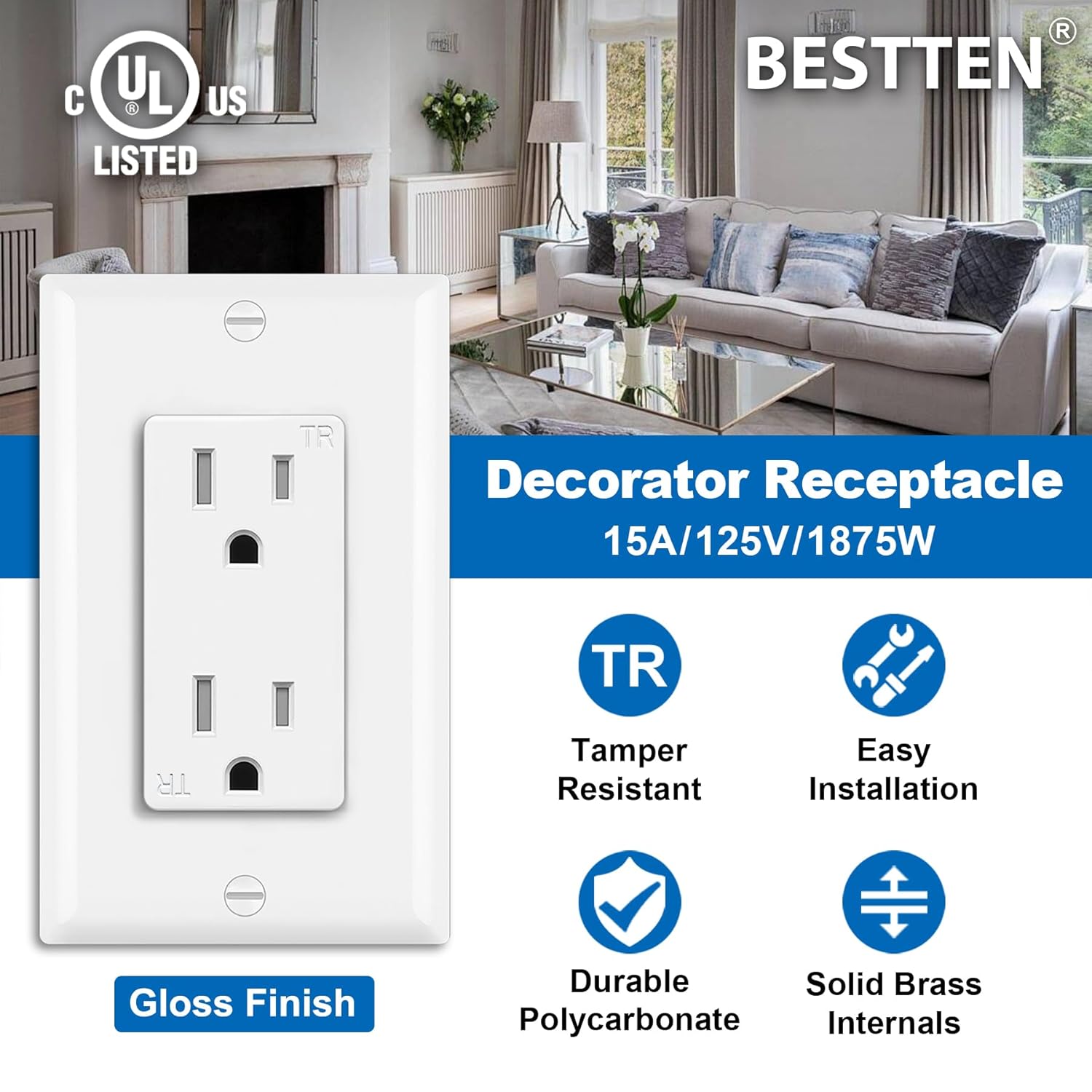 bestten 50 pack 15 amp decorator receptacle outlet, tamper resistant receptacle, residential and commercial use, wallplate included, 15a/125v/1875w, ul listed, white 15a 50