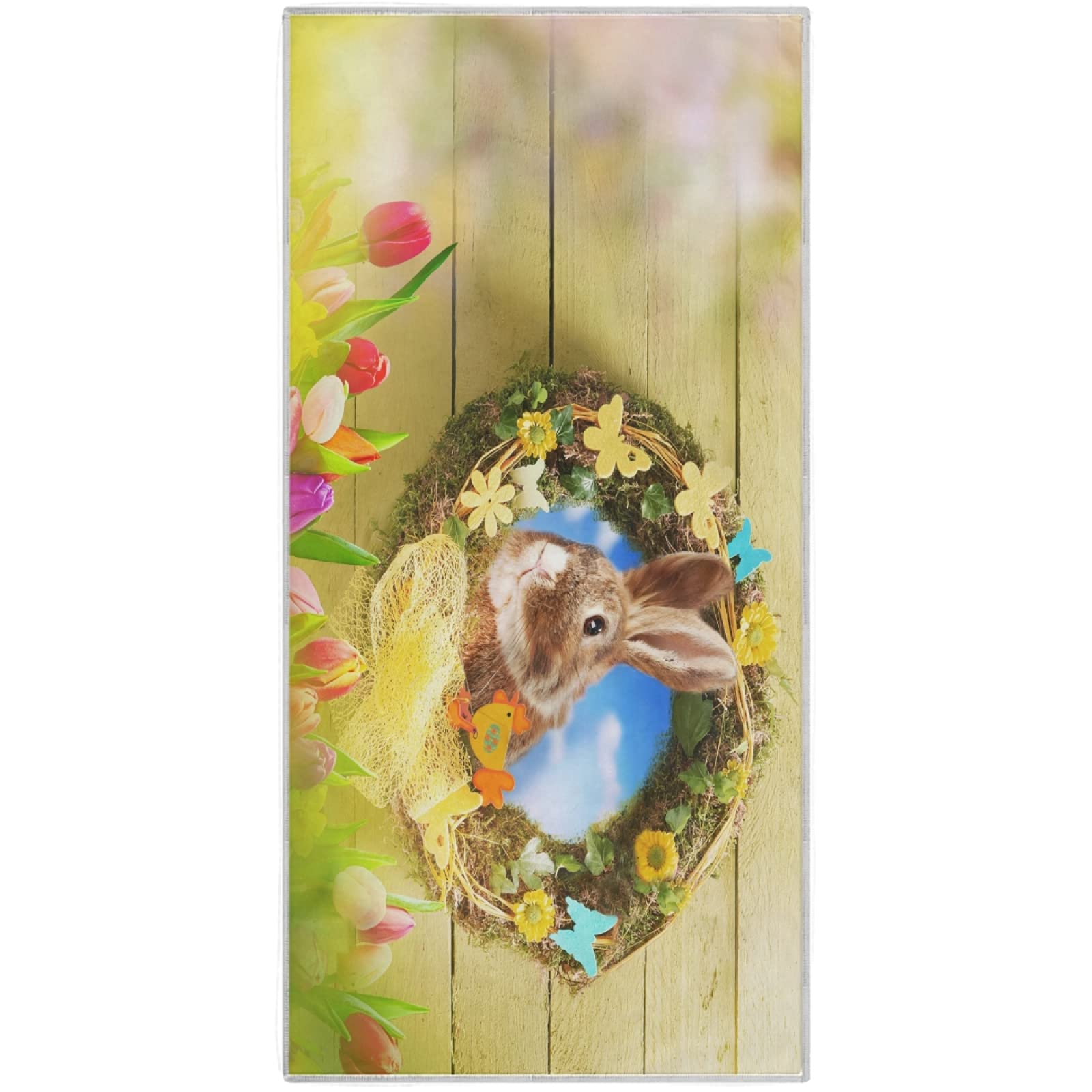 Kaariok Easter Rabbit Spring Bunny Tulips Wreath Woodon Quick Dry Soft Hand Towels for Bath Bathroom Hotel Gym and Spa, 15" x 30"