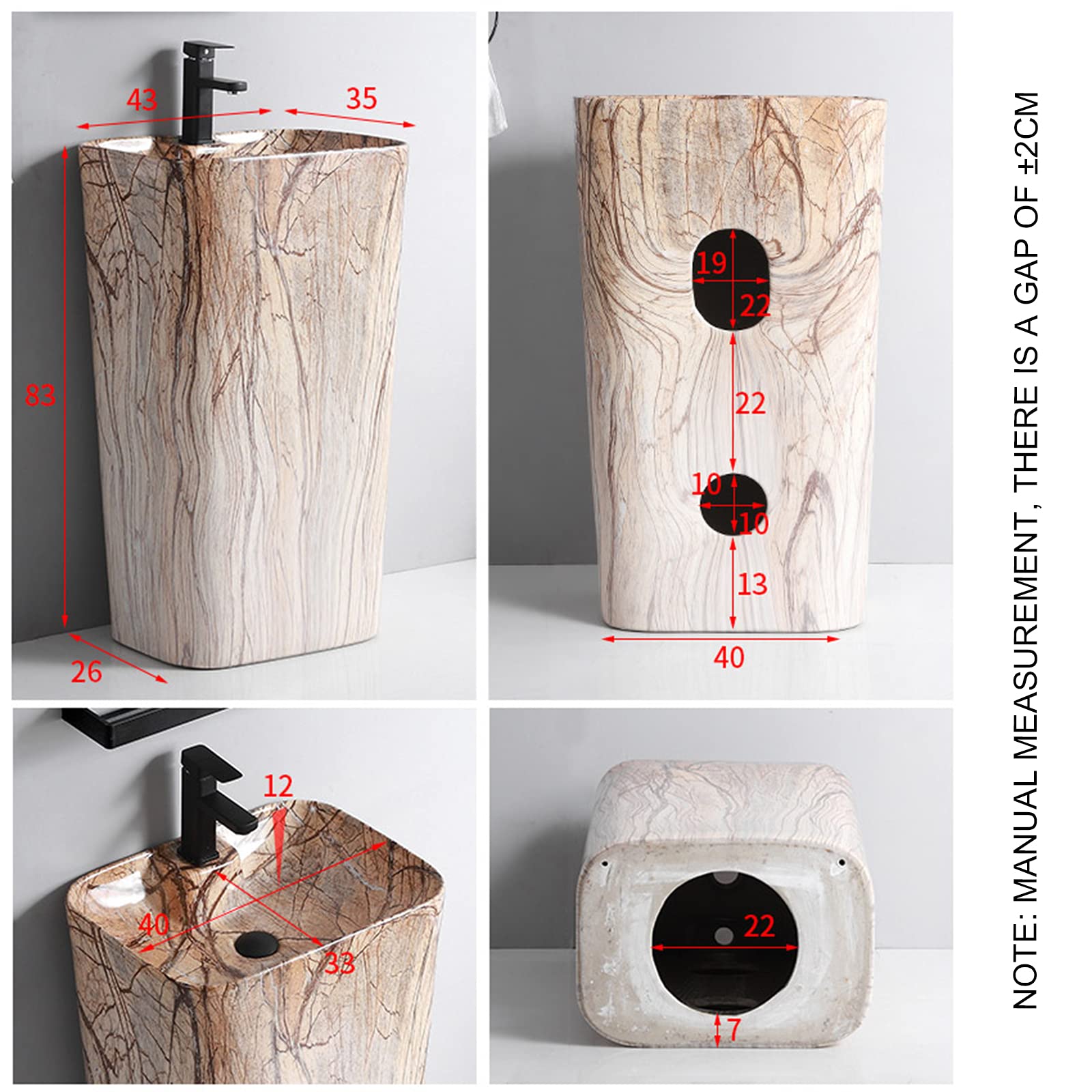 Lavabo de Pedestal, Lavabo de Baño de Pedestal de Arte Lavabos de Inodoros Hechos a Mano con Orificio de Instalación de Desagüe, para Interiores y Exteriores,D,Sin Espejo (B con Espejo)
