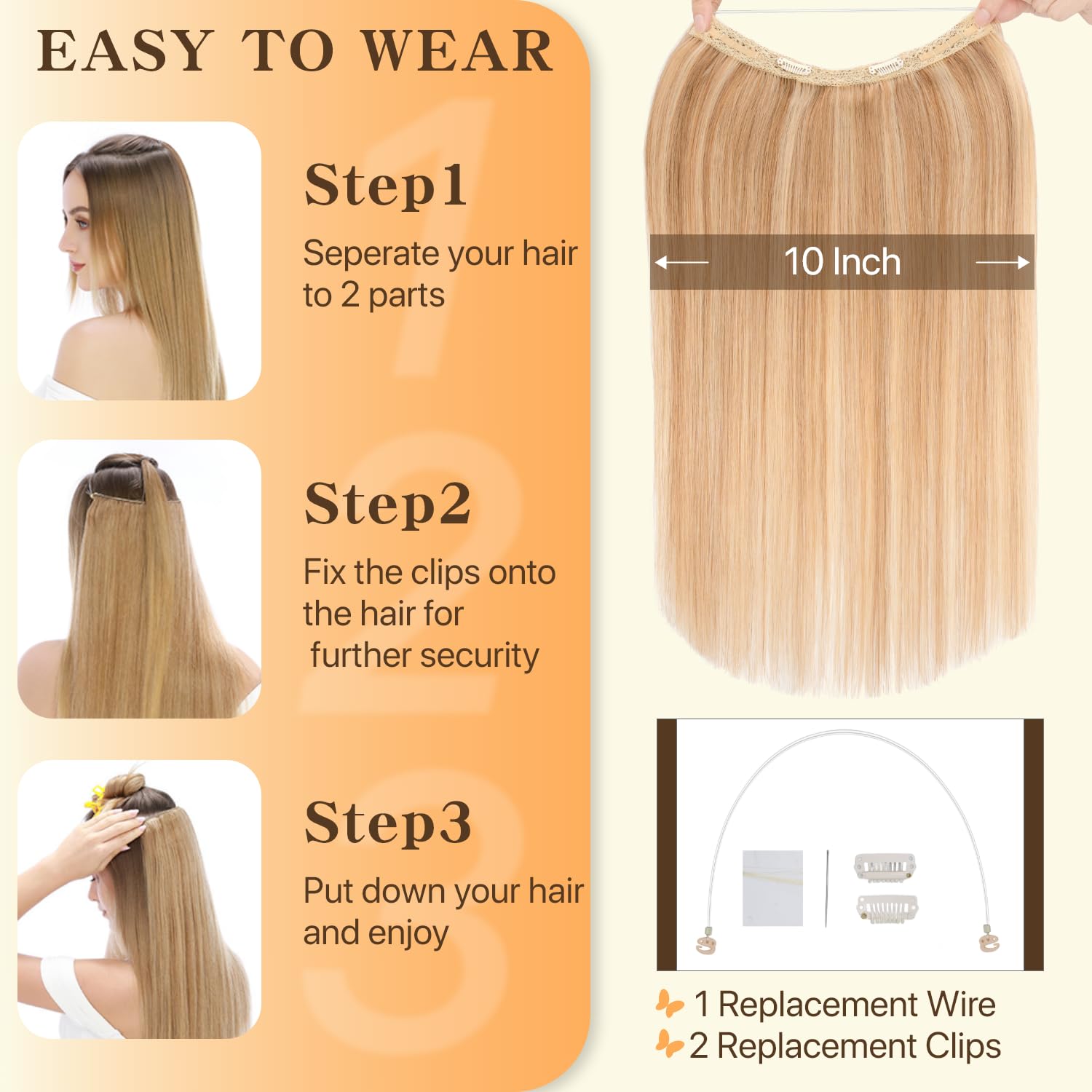 TESS Halo & Clip in Hair Extension 100% Real Human Hair Wig One Piece Adjustable Invisible Transparent Wire with 2 Secure Clips for Women UK #12P613 Golden Brown & Bleach Blonde 16 inch 65g - Image 4
