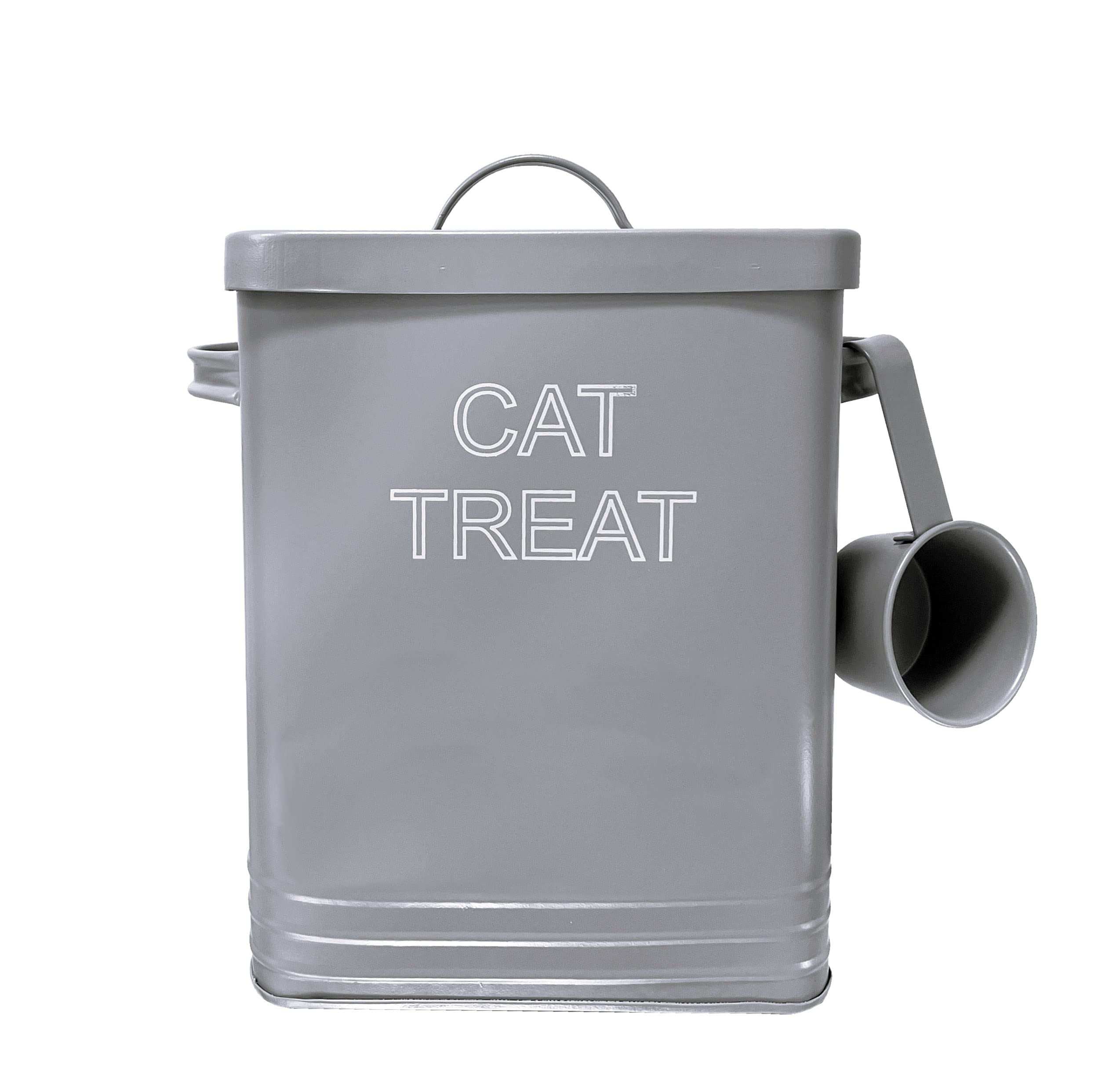 Nobel Cat Food or Cat Treat Storage Tin with Lid with Scoop Non Slip Pads (CAT TREAT, Grey)