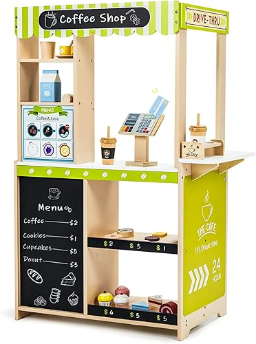 Frogprin 24 Piezas Juego de Simulación Cafetería, Set de Tienda de Comestibles para Niños, Ventana Drive-Thru de Madera, Cafetera, Horno, Caja