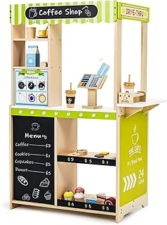 Frogprin 24 Pcs Pretend Play Coffee Shop, Kids Grocery Store Set, Wooden Drive-Thru Window, Coffee Maker, Oven, Cash Register, Bakery Toys Food Accessories Gift for Boys Girls 3+ Years Old