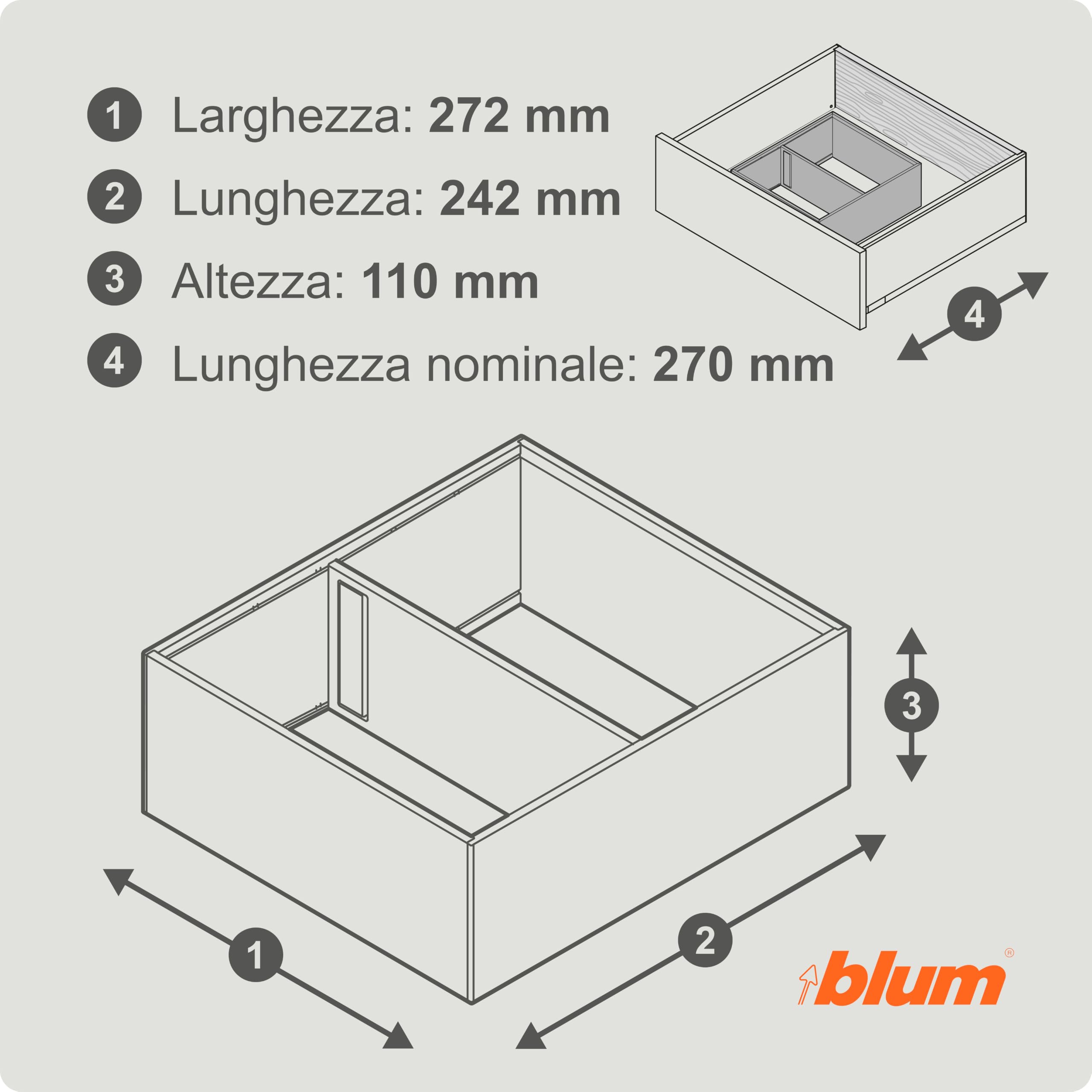 Blum AMBIA-LINE organizer cassetto in acciaio verniciato a polvere | ideale per cucina, bagno e zona giorno | espandibile modularmente | 27 × 24 × 11 cm | con piastra magnetica | Grigio Orion
