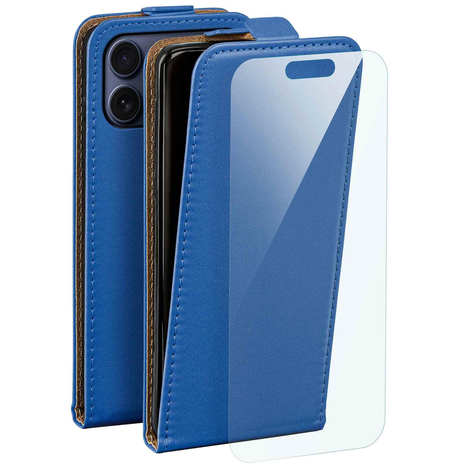 moex Custodia 4 in 1 per iPhone 17 Pro con 3 pellicole protettive, protezione a 360°, flip case + pellicola FlexProtect, in pelle PU, blu