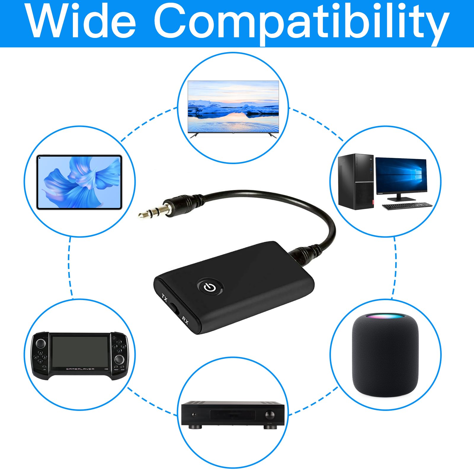 Adattatore Bluetooth 5.0 Trasmettitore,3.5mm Jack Adattatore,2-in-1 Wireless Ricevitore Bluetooth,per PC/TV/impianto audio Cuffie MP3/MP4 Altoparlante HiFi Radio