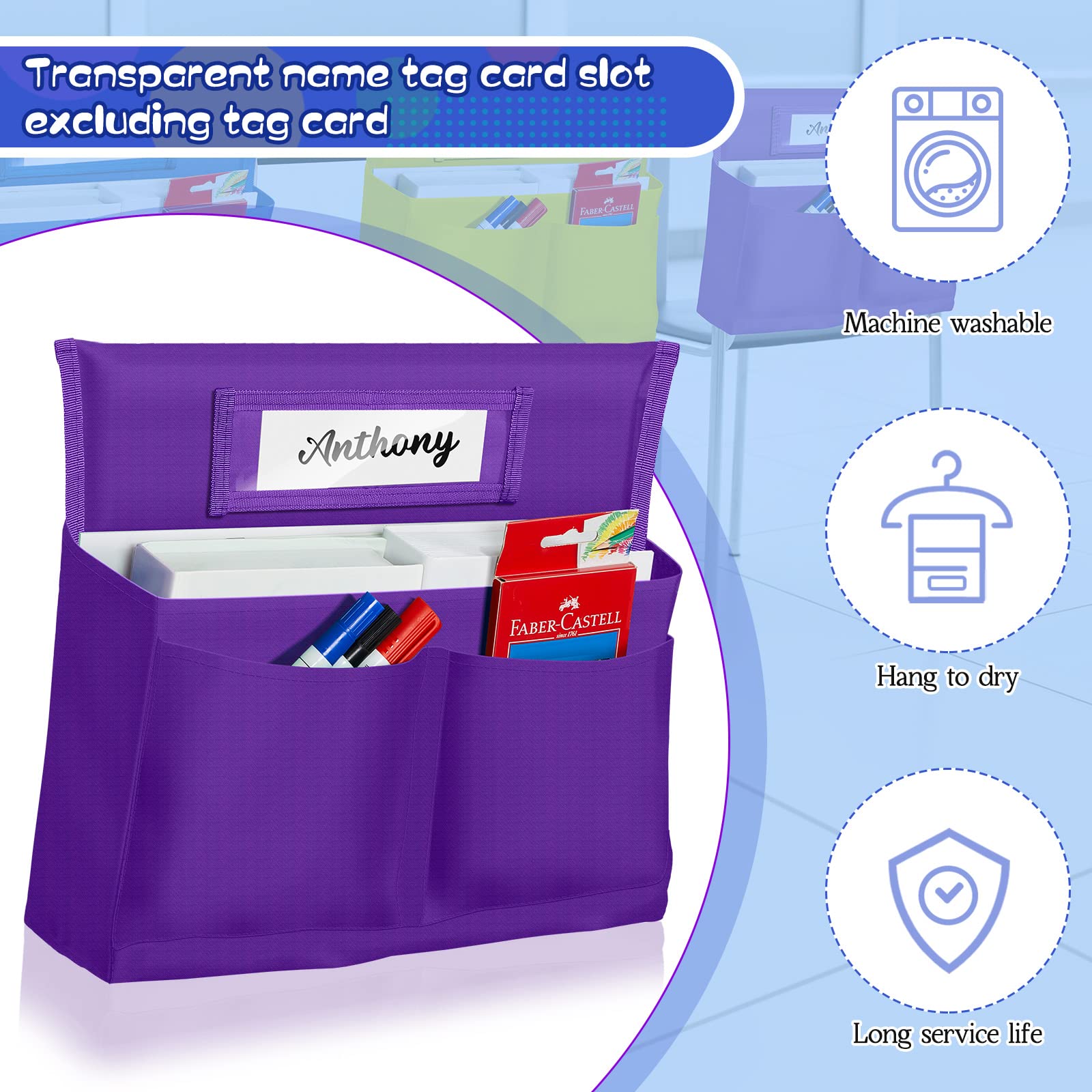 Xaatren Lot De 24 Petites Poches De Chaise Pour Salle De Classe De 35,6 Cm, Sac De Chaise D'école, Poche De Siège D'étudiant, Organiseur De Salle De Classe Avec étiquette De Nom Pour Chaise D'école