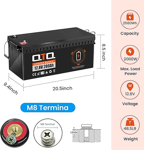 Miniatura 7 de Batería LiFePO4 de 12 V 200 Ah, batería de litio de 2560 Wh, BMS integrado, hasta 5000 ciclos, para RV, sistema fuera de la red, solar, batería de