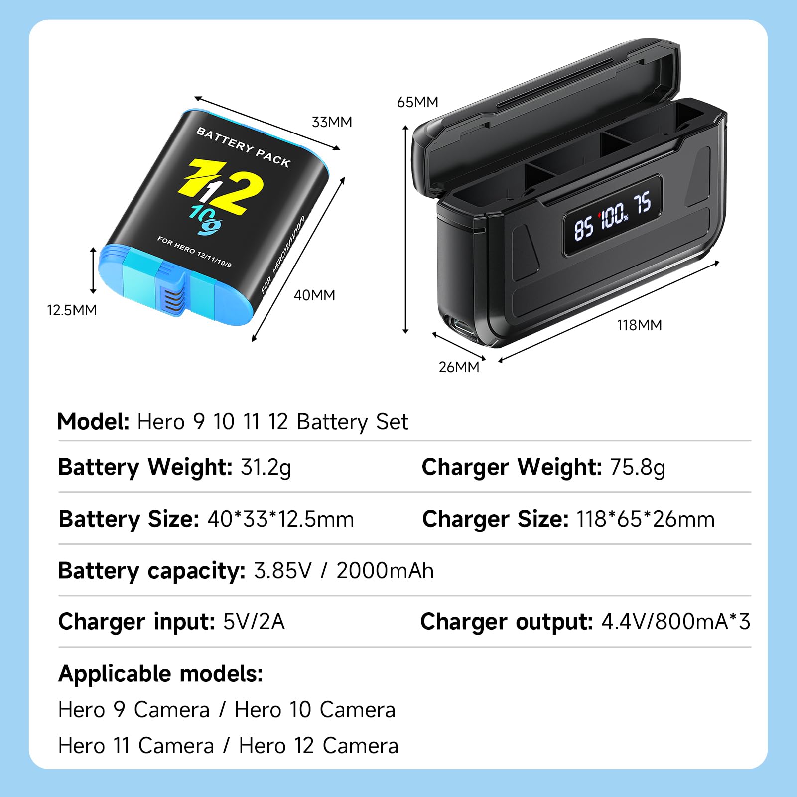 2000mAh Hero 12 Batería con Cargador para Hero 12/11/10/9 Black - Cargador de 3 Canales con Pantalla LCD, Ranura para Tarjeta TF, Apta para Baja Temperatura (3*Batería +1* Cargador)