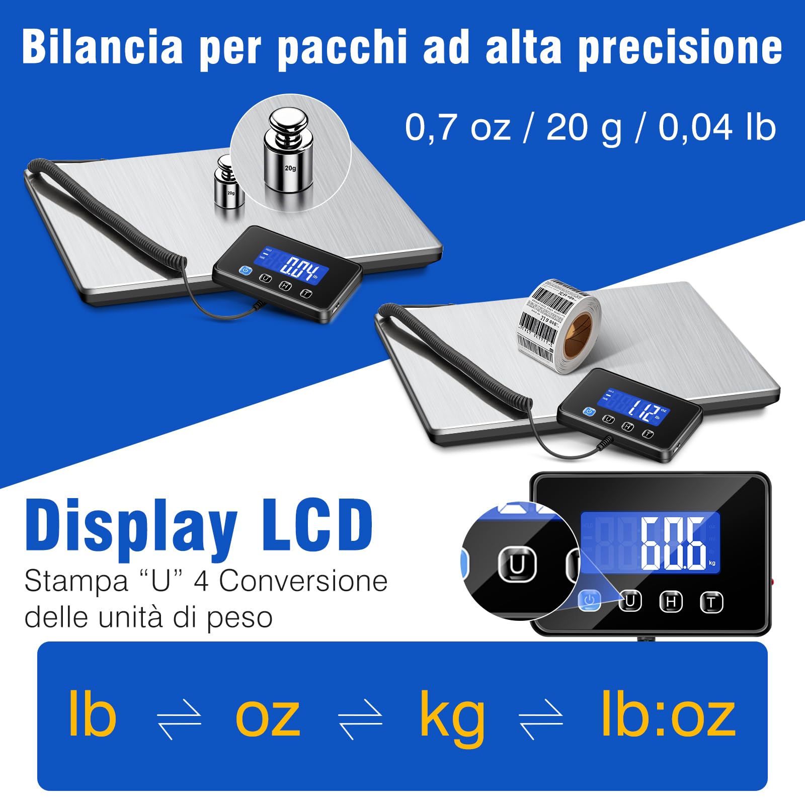Bilancia Pesa Pacchi 300kg 20g Profesjonalna LCD Tara Hold USB