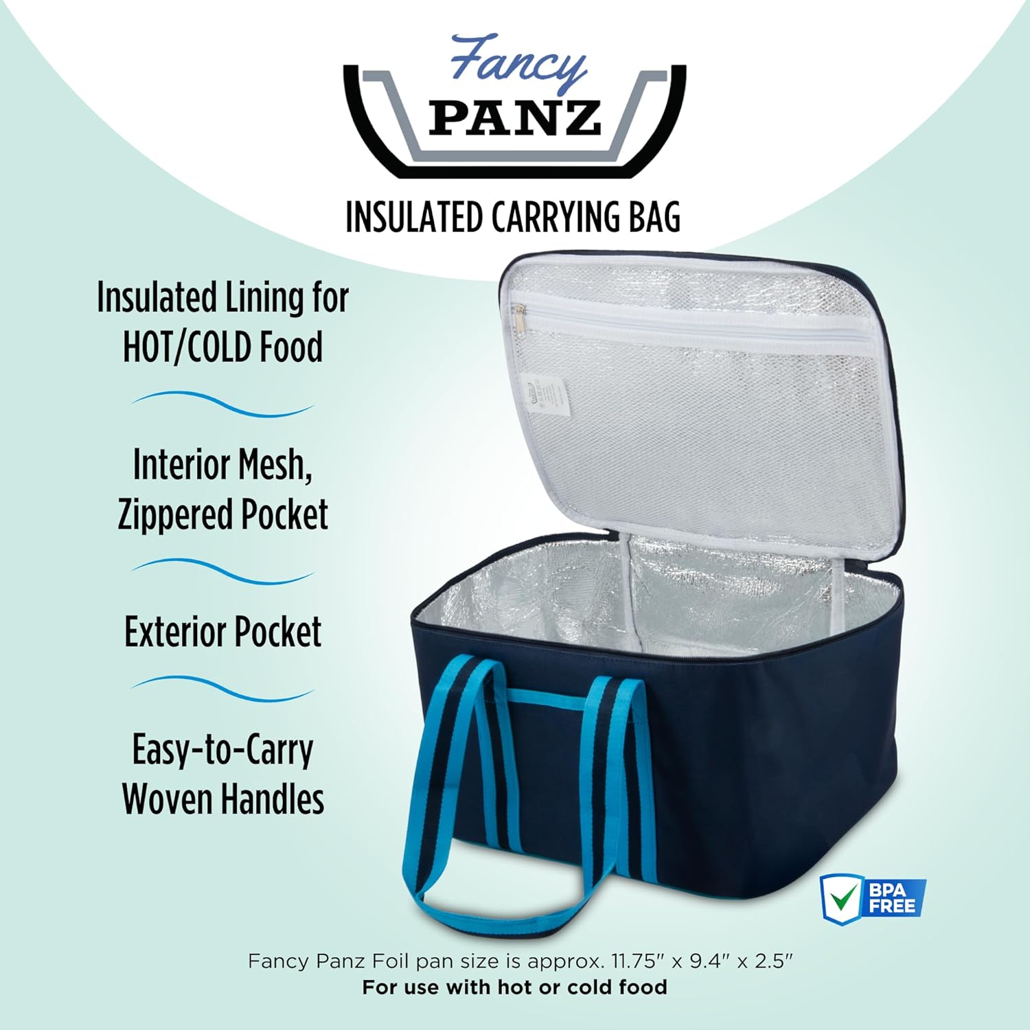 Fancy Panz Bundle - Navy Insulated Bag + White Premium Fancy Panz, Made in USA Foil Pan Carrier, Travel Casserole Carrier with Disposable Aluminum Pan, Hot/Cold Pack & Serving Spoon