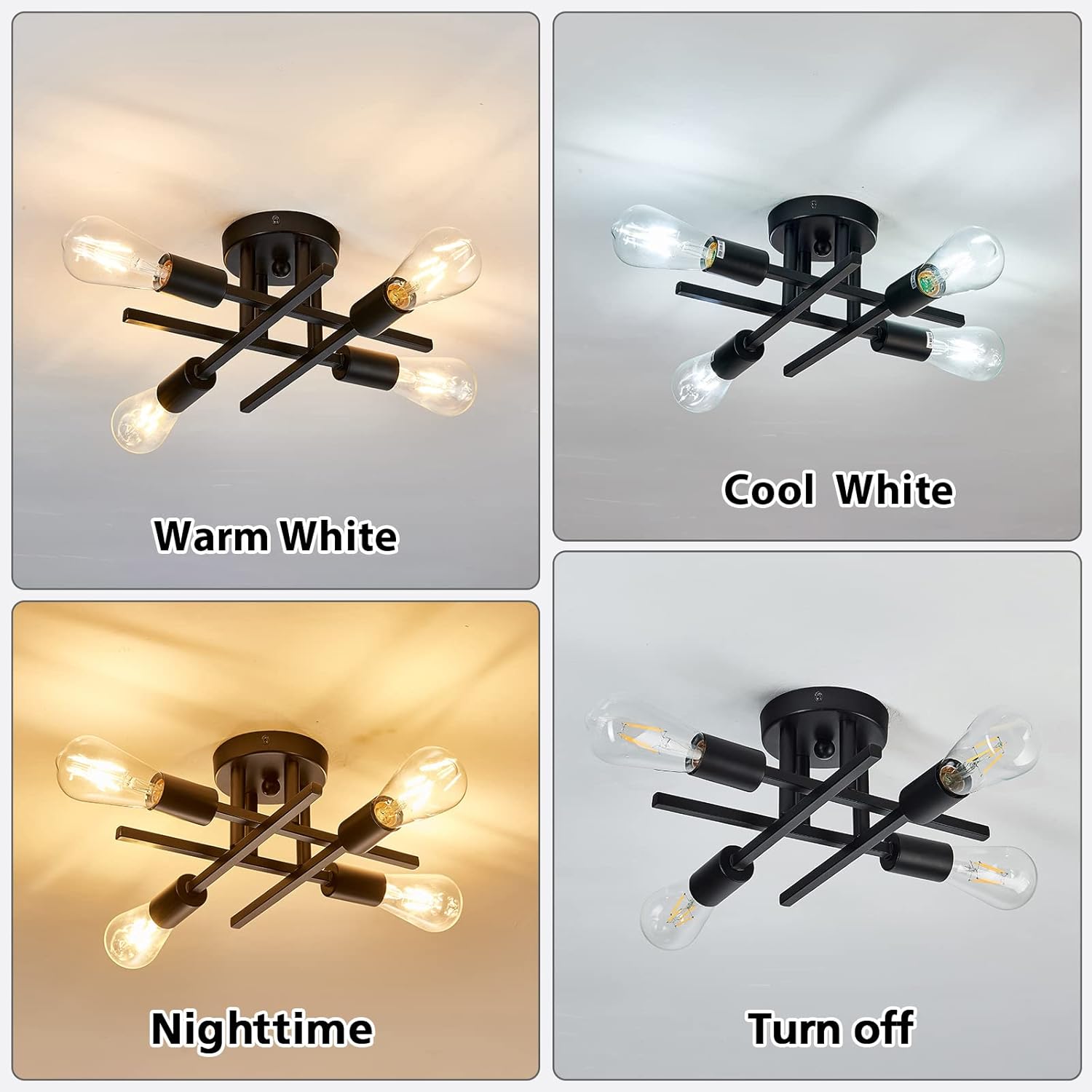 ZGLAOJT 4-Light Semi Flush Mount Ceiling Light Fixture 2 Pack Ceiling Light Matte Black with E26 Base Modern Light for Porch Bedroom Hallway Kitchen Farmhouse