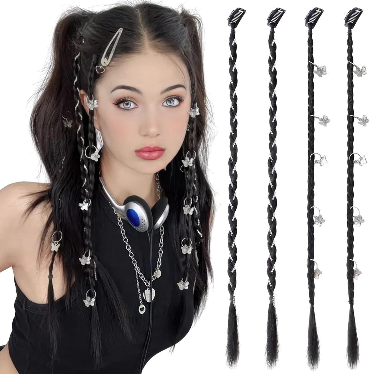 4 Piezas Extensiones de Cabello Trenzado Trenzas de Bebé Flequillo Lateral Frontal Cortina Bang Mariposa Clip de Cabello Pieza de Cabello Trenzado Largo Cola de Caballo Clip en Extensión Postizos Sintéticos para Mujeres Niñas Uso Diario Fiesta