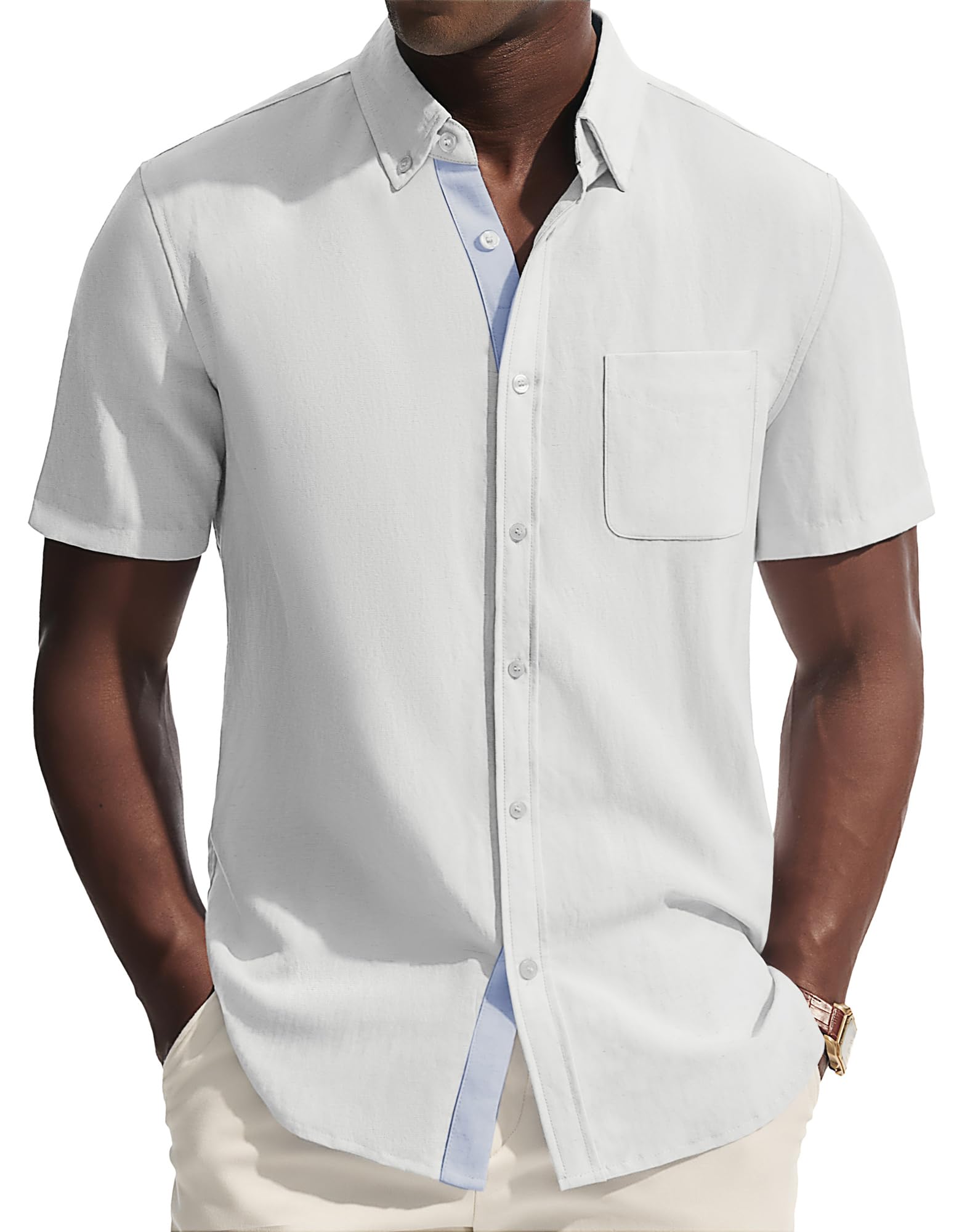 PJ PAUL JONES Mens Button Down Shirt Linen Short Sleeve Dress Shirts for Men Beach Summer Wedding Untucked