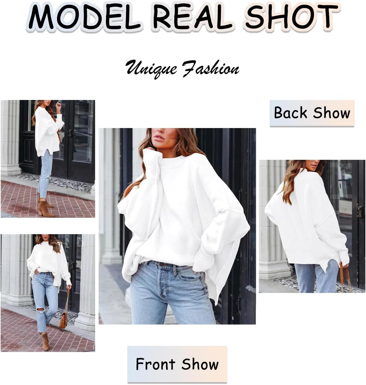 Basicspace Womens Oversized Sweater Casual Cute Sweater Winter Warm Chunky Crewneck Batwing Sleeve Knit Pullover Outerwear(Large,A White) - Image 3